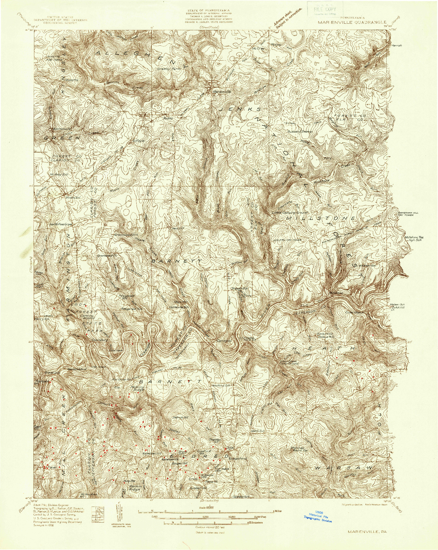 USGS 1:48000-SCALE QUADRANGLE FOR MARIENVILLE, PA 1936