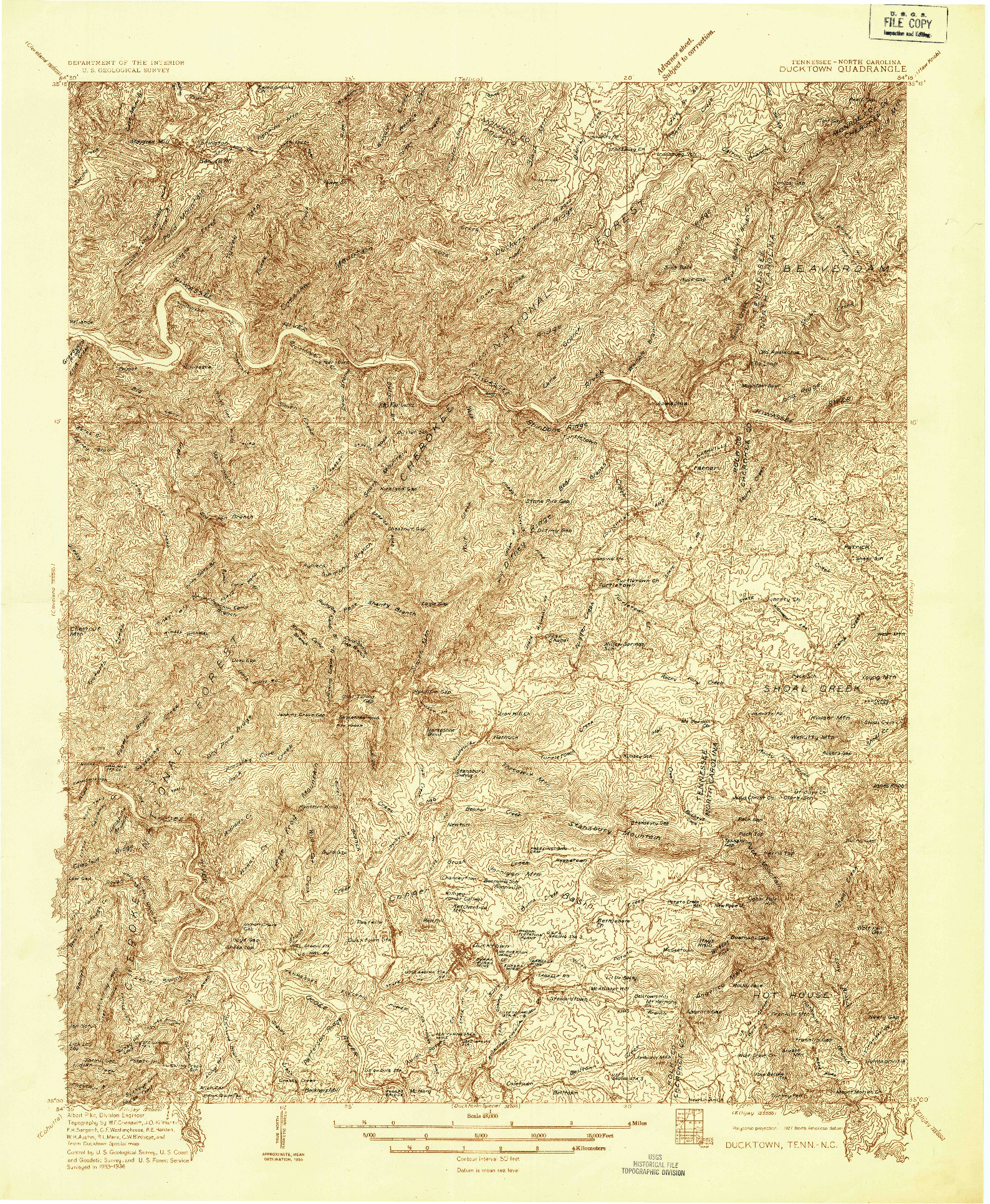 USGS 1:48000-SCALE QUADRANGLE FOR DUCKTOWN, TN 1936
