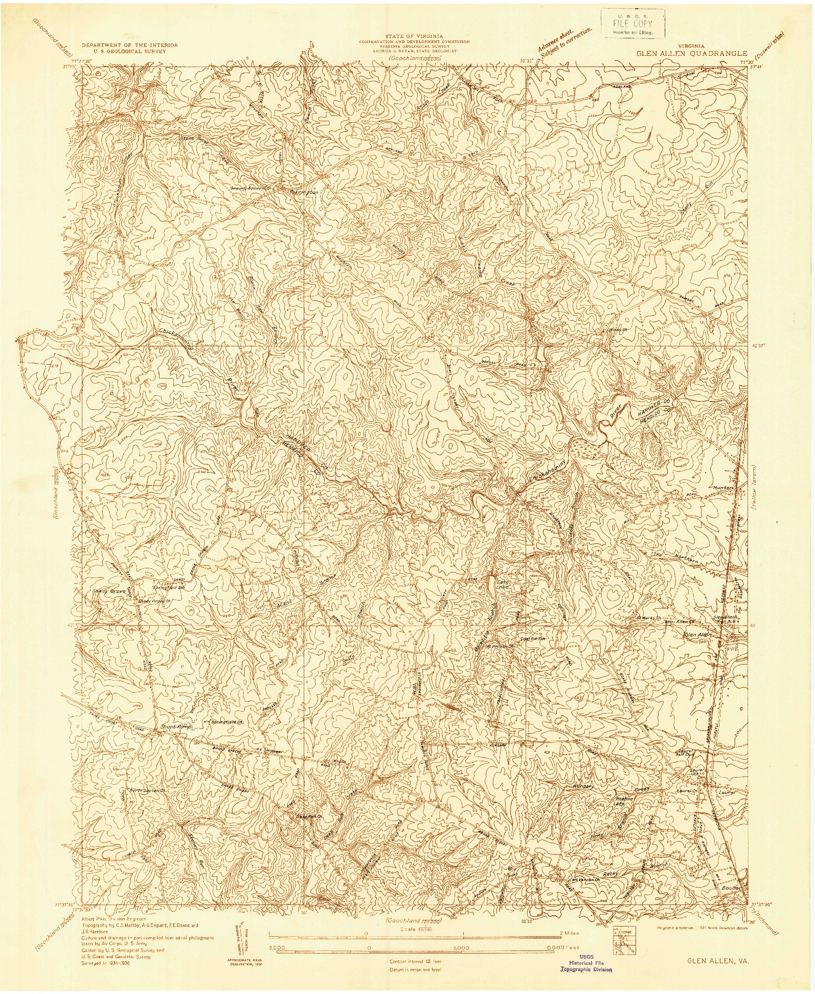 USGS 1:24000-SCALE QUADRANGLE FOR GLEN ALLEN, VA 1936