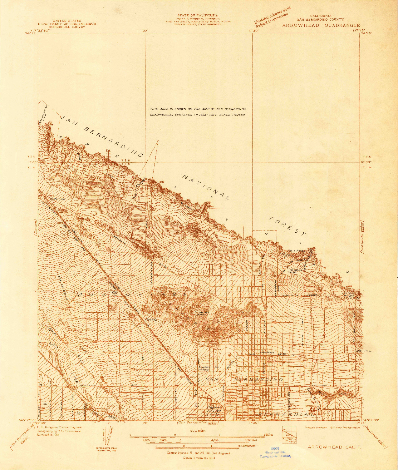 USGS 1:31680-SCALE QUADRANGLE FOR ARROWHEAD, CA 1936