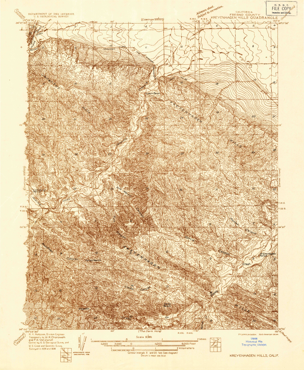 USGS 1:31680-SCALE QUADRANGLE FOR KREYENHAGEN HILLS, CA 1936