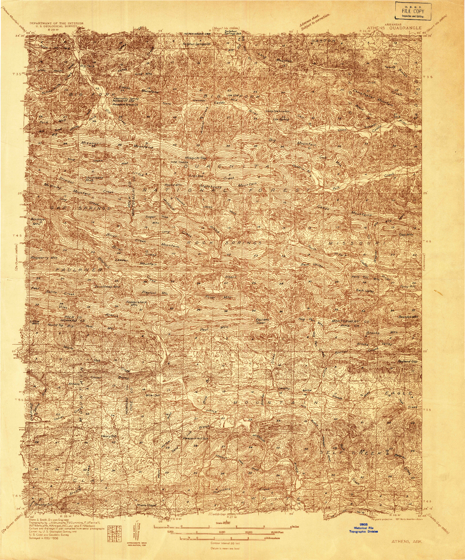 USGS 1:48000-SCALE QUADRANGLE FOR ATHENS, AR 1936