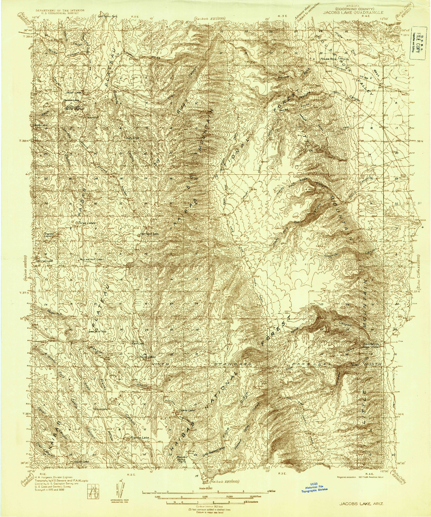 USGS 1:48000-SCALE QUADRANGLE FOR JACOBS LAKE, AZ 1936