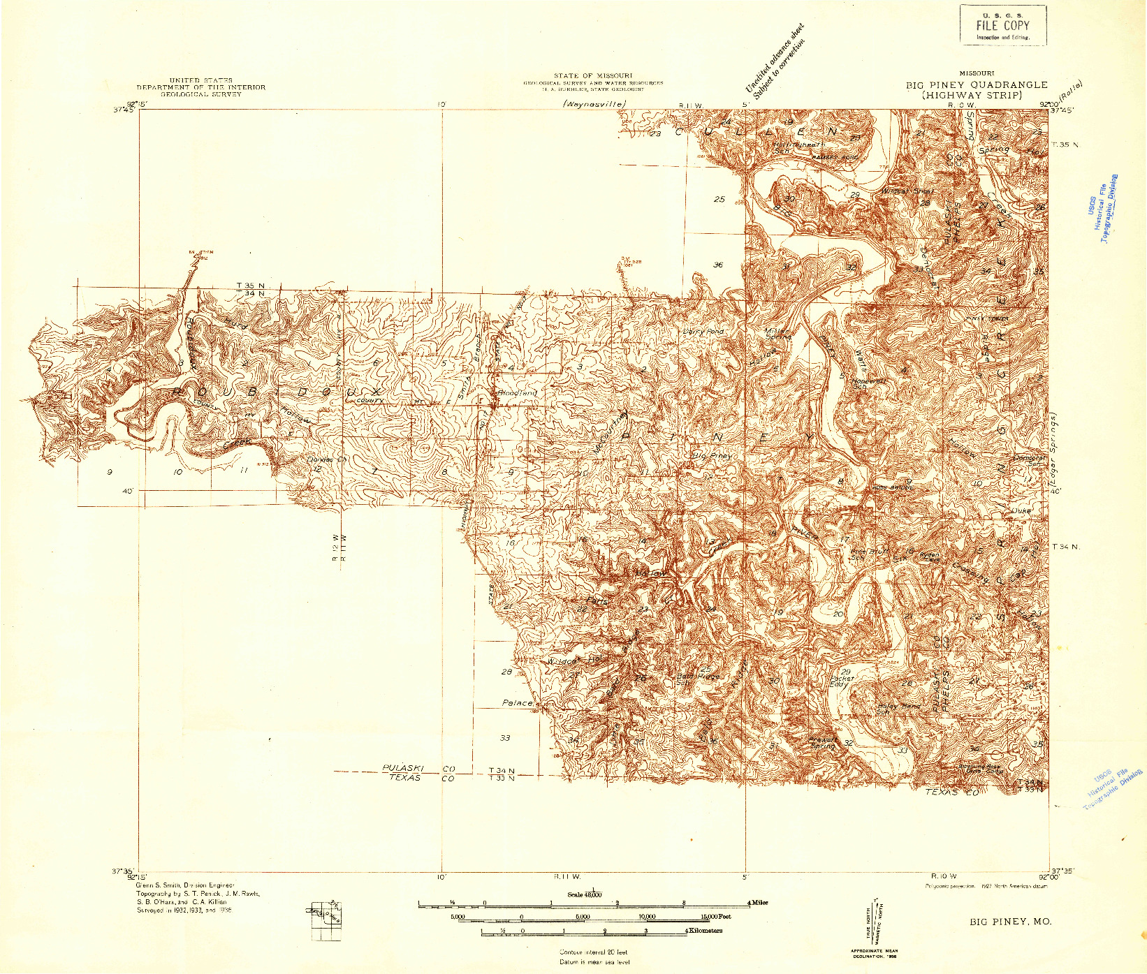 USGS 1:48000-SCALE QUADRANGLE FOR BIG PINEY, MO 1936
