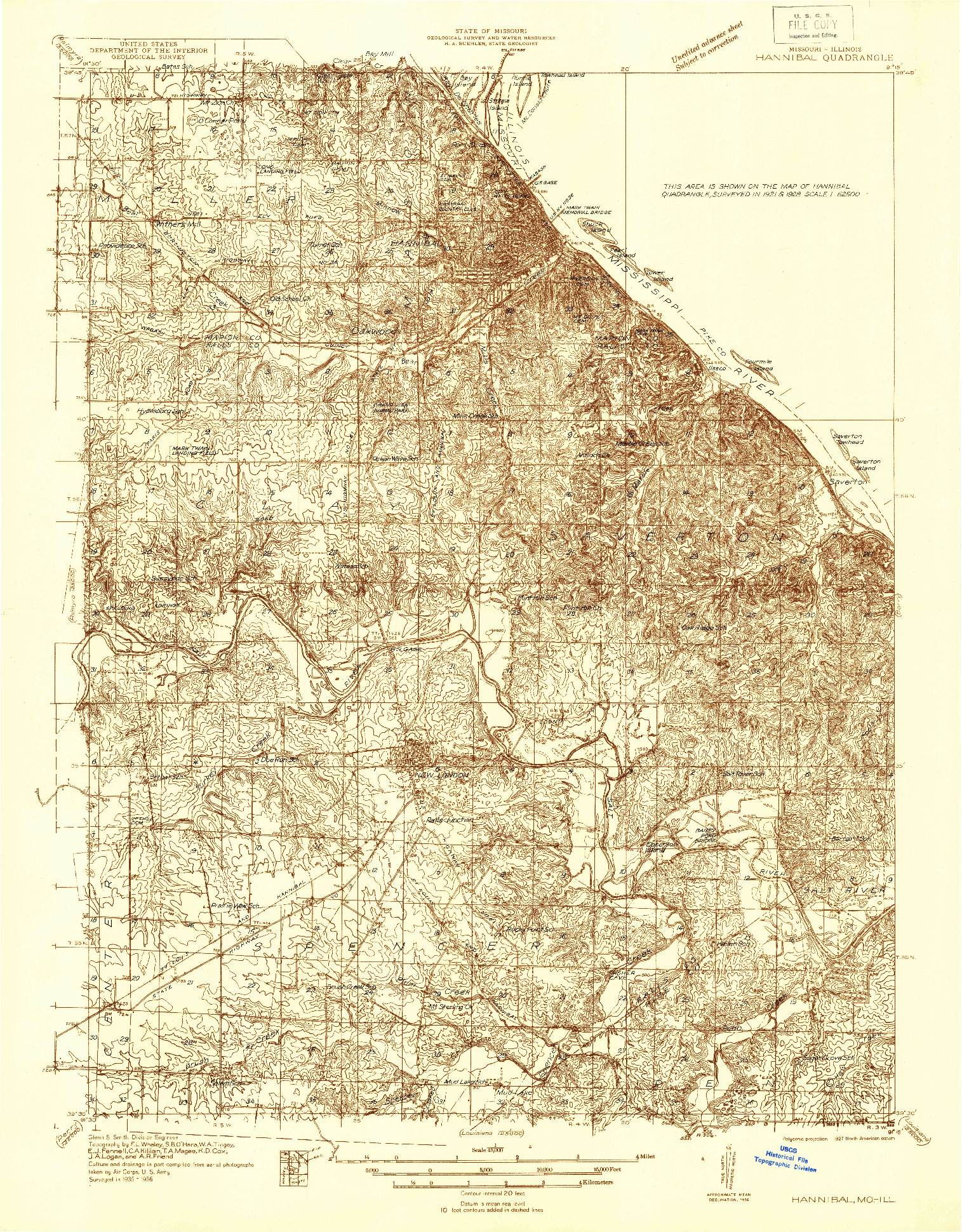 USGS 1:48000-SCALE QUADRANGLE FOR HANNIBAL, MO 1936