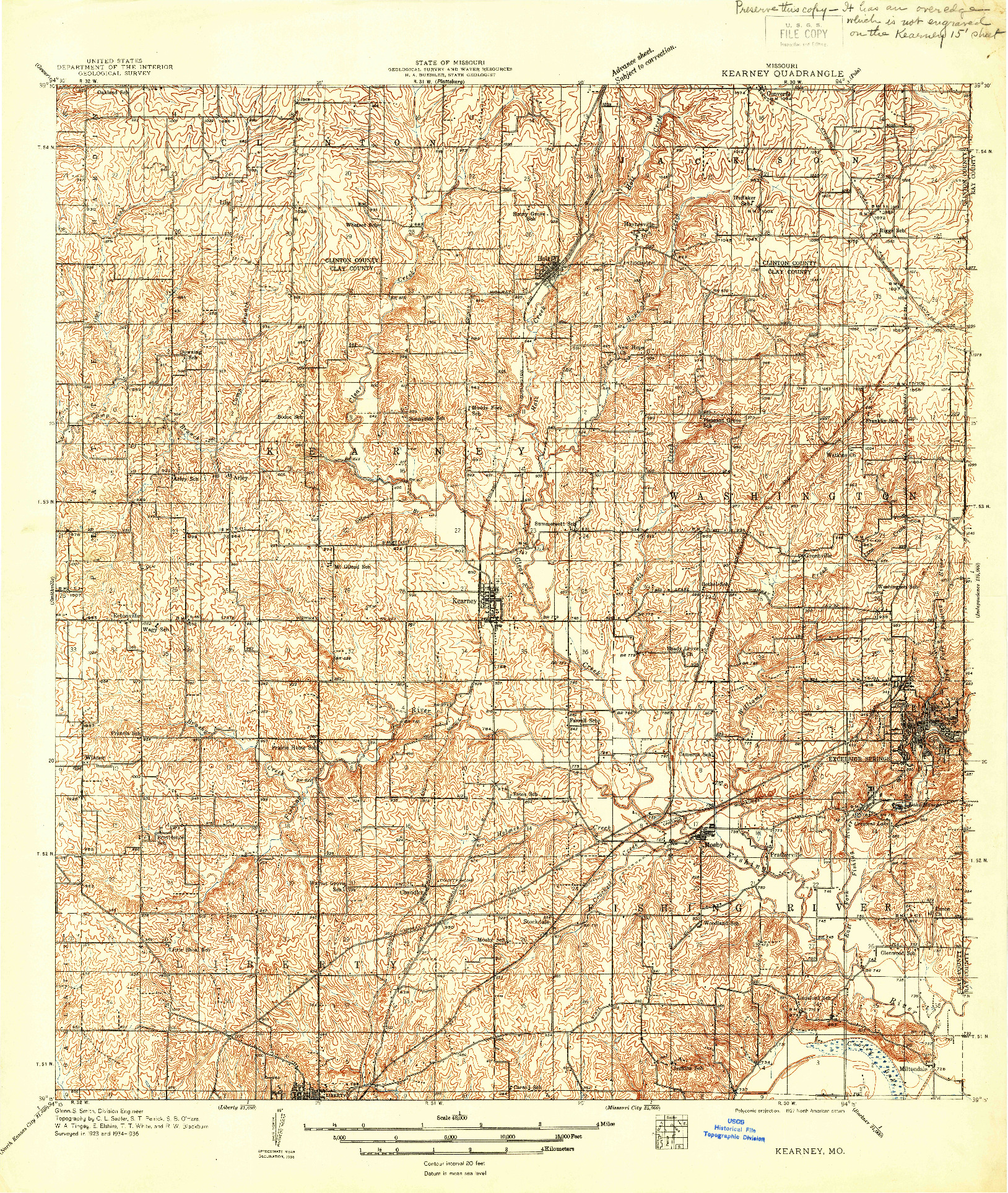 USGS 1:48000-SCALE QUADRANGLE FOR KEARNEY, MO 1936
