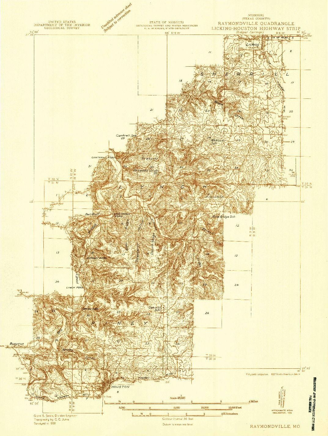 USGS 1:48000-SCALE QUADRANGLE FOR RAYMONDVILLE, MO 1936