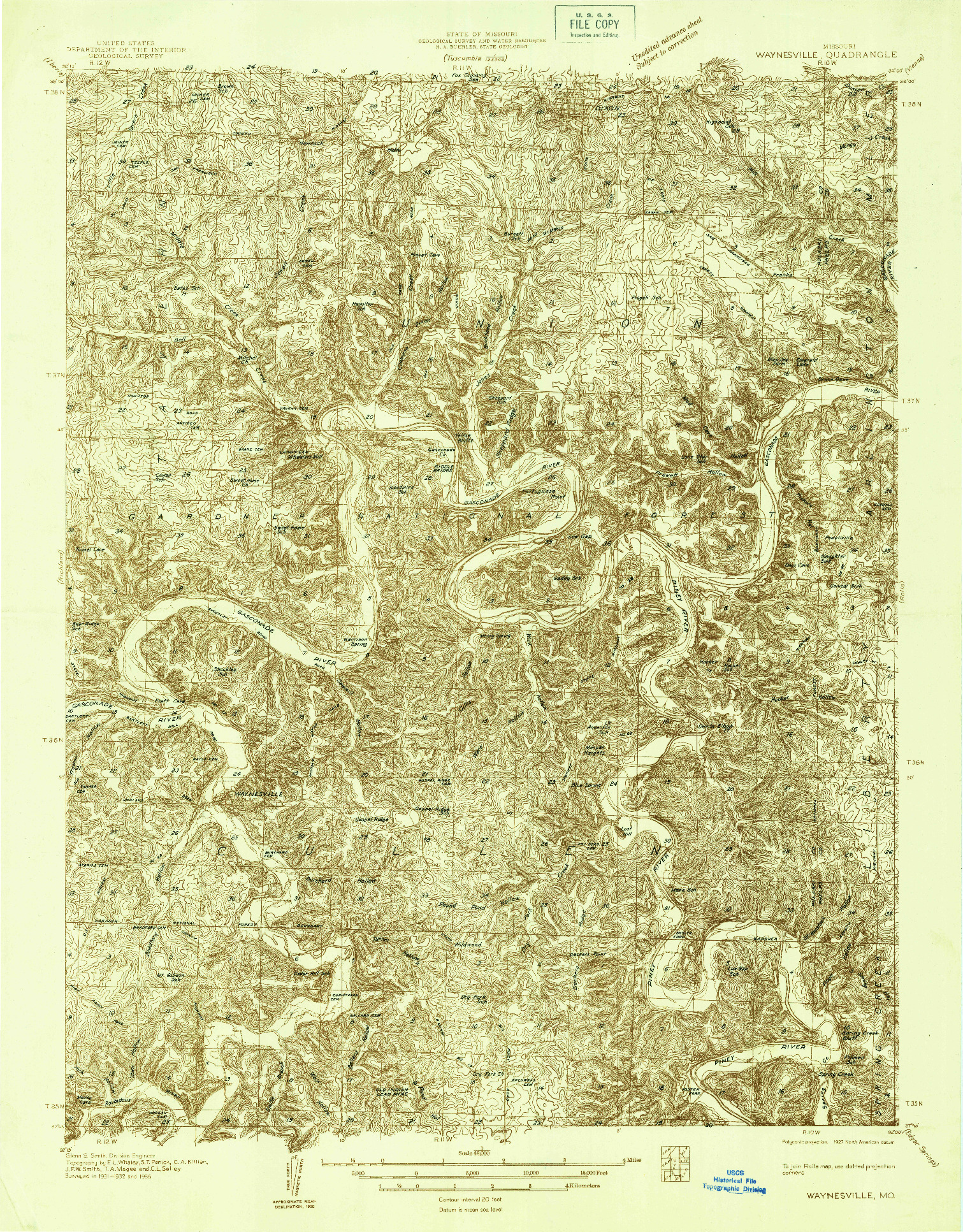 USGS 1:48000-SCALE QUADRANGLE FOR WAYNESVILLE, MO 1936