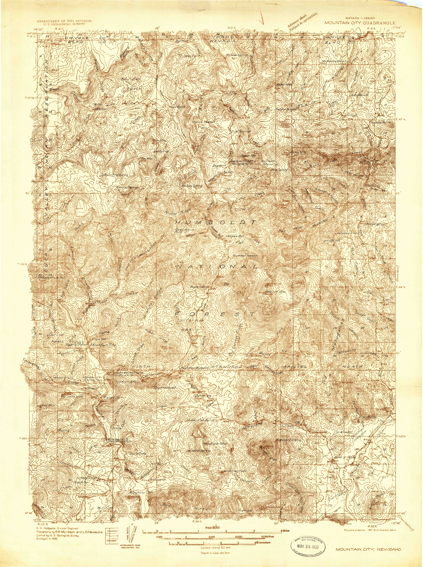 USGS 1:48000-SCALE QUADRANGLE FOR MOUNTAIN CITY, NV 1936