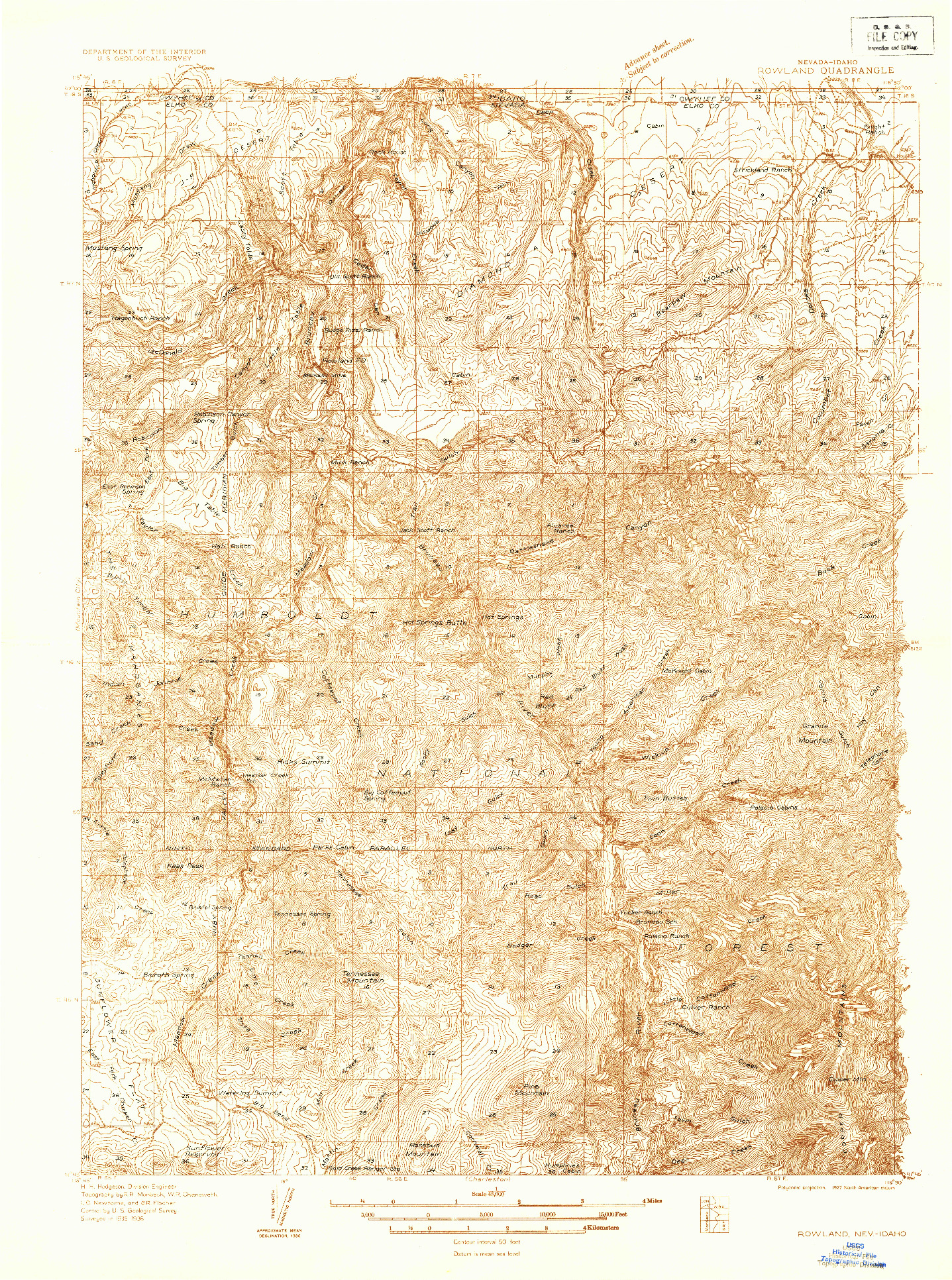USGS 1:48000-SCALE QUADRANGLE FOR ROWLAND, NV 1936