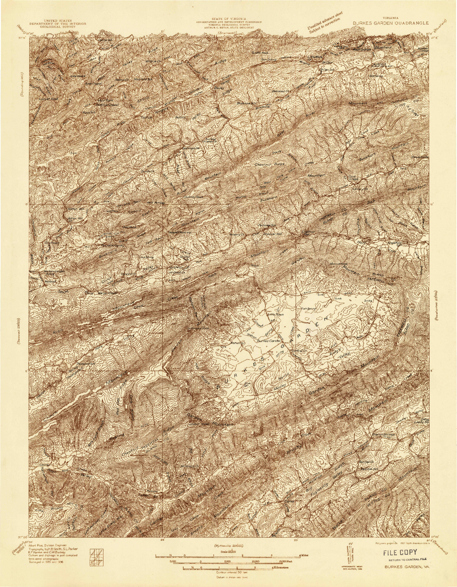 USGS 1:48000-SCALE QUADRANGLE FOR BURKES GARDEN, VA 1936