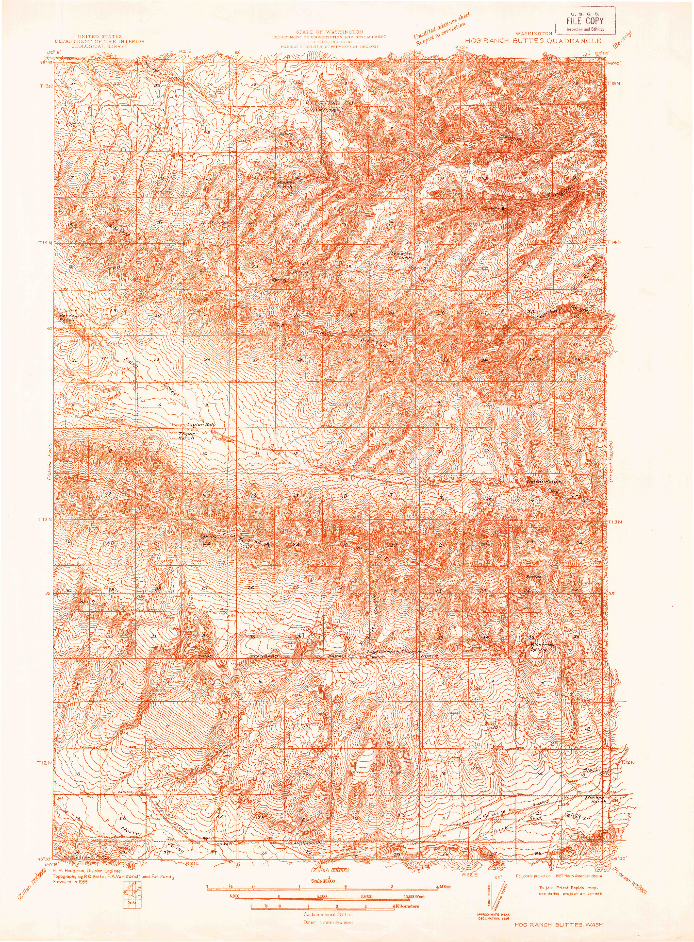 USGS 1:48000-SCALE QUADRANGLE FOR HOG RANCH BUTTES, WA 1936