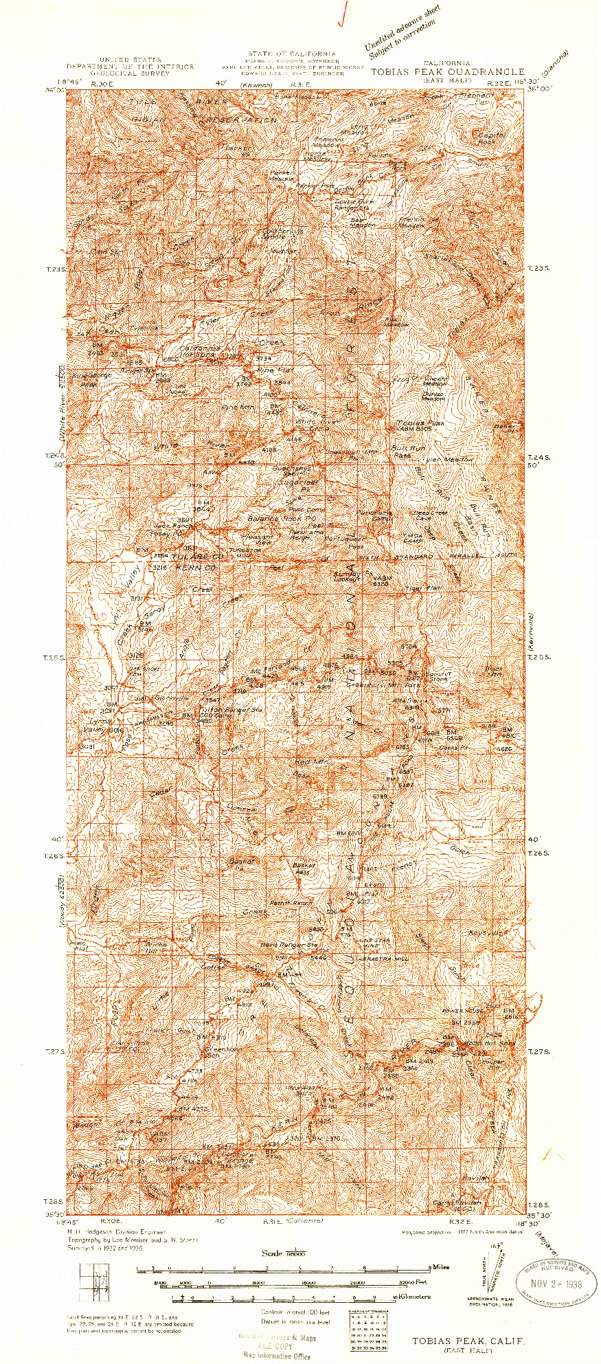 USGS 1:96000-SCALE QUADRANGLE FOR TOBIAS PEAK, CA 1936