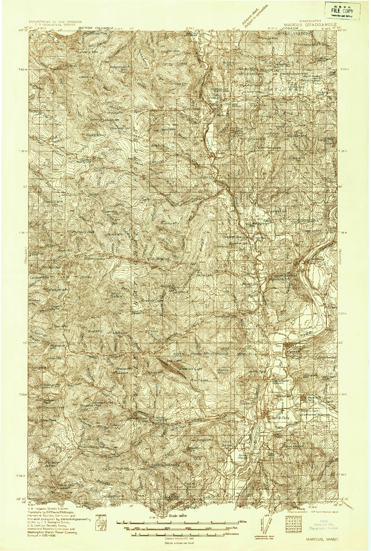 USGS 1:96000-SCALE QUADRANGLE FOR MARCUS, WA 1936