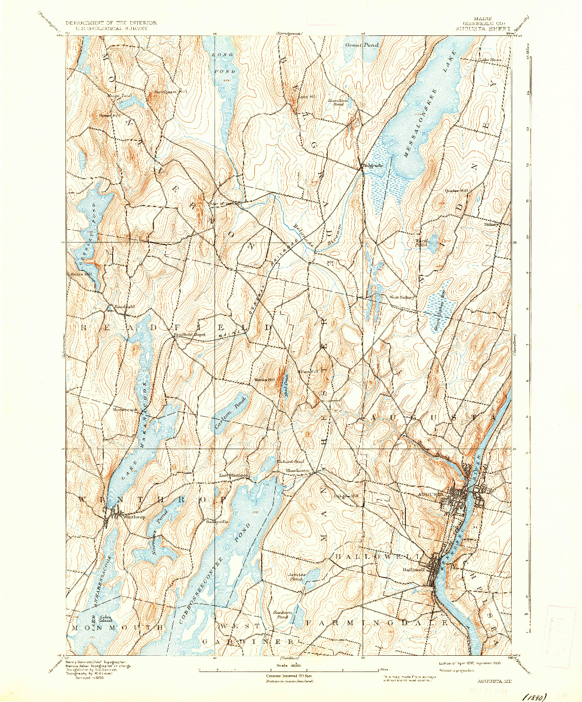 USGS 1:62500-SCALE QUADRANGLE FOR AUGUSTA, ME 1892