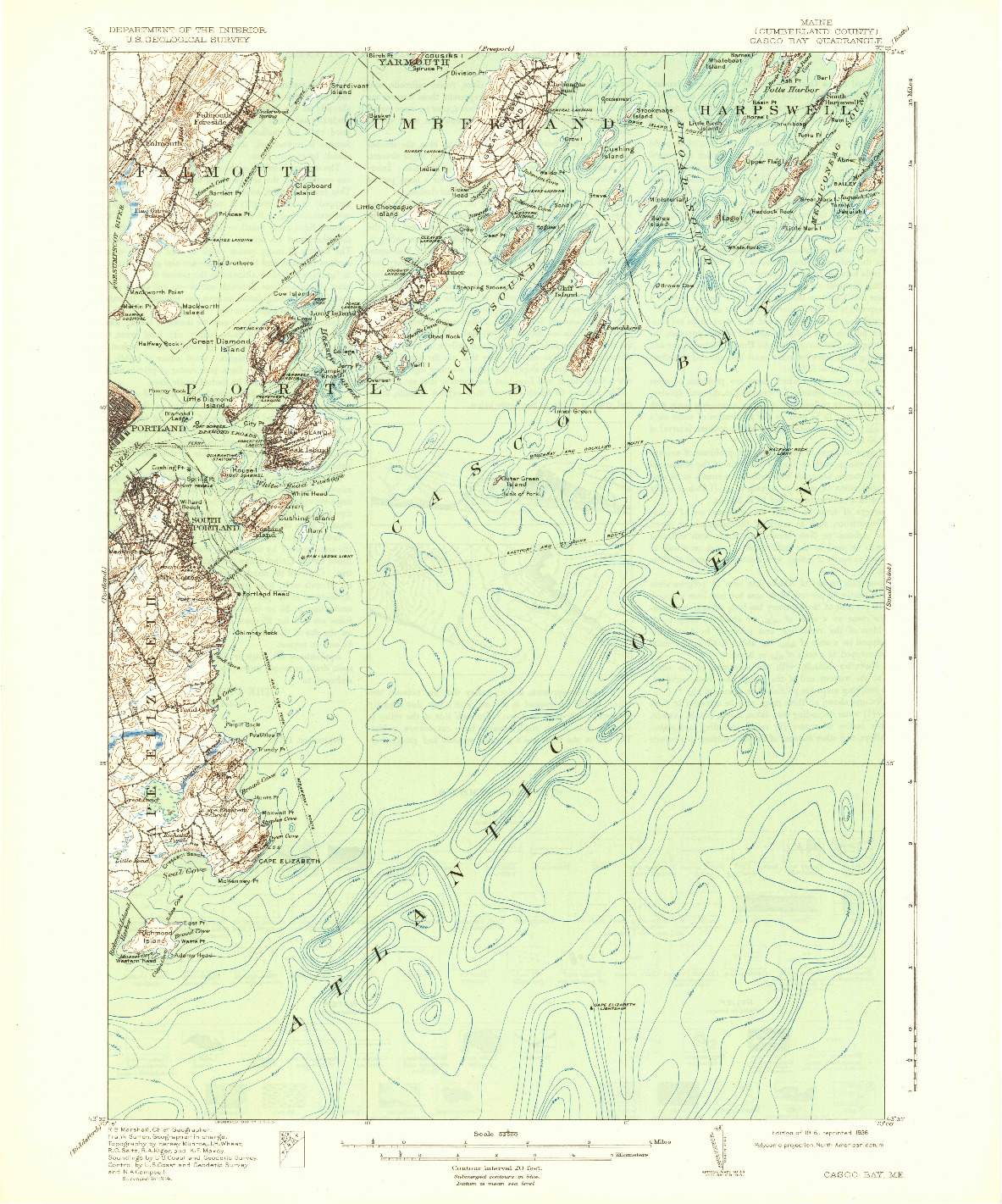 USGS 1:62500-SCALE QUADRANGLE FOR CASCO BAY, ME 1916