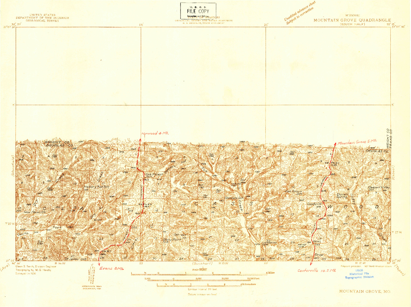 USGS 1:48000-SCALE QUADRANGLE FOR MOUNTAIN GROVE, MO 1936
