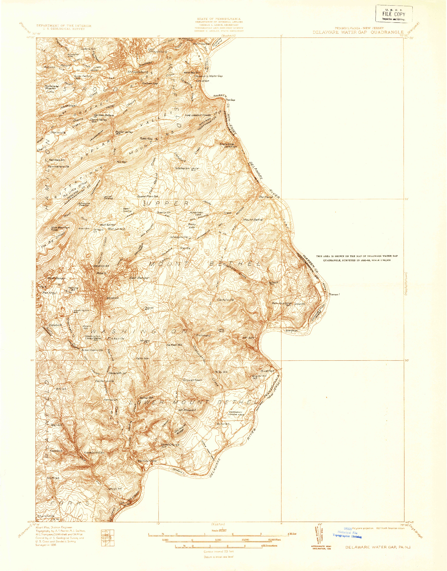 USGS 1:48000-SCALE QUADRANGLE FOR DELAWARE WATER GAP, PA 1936