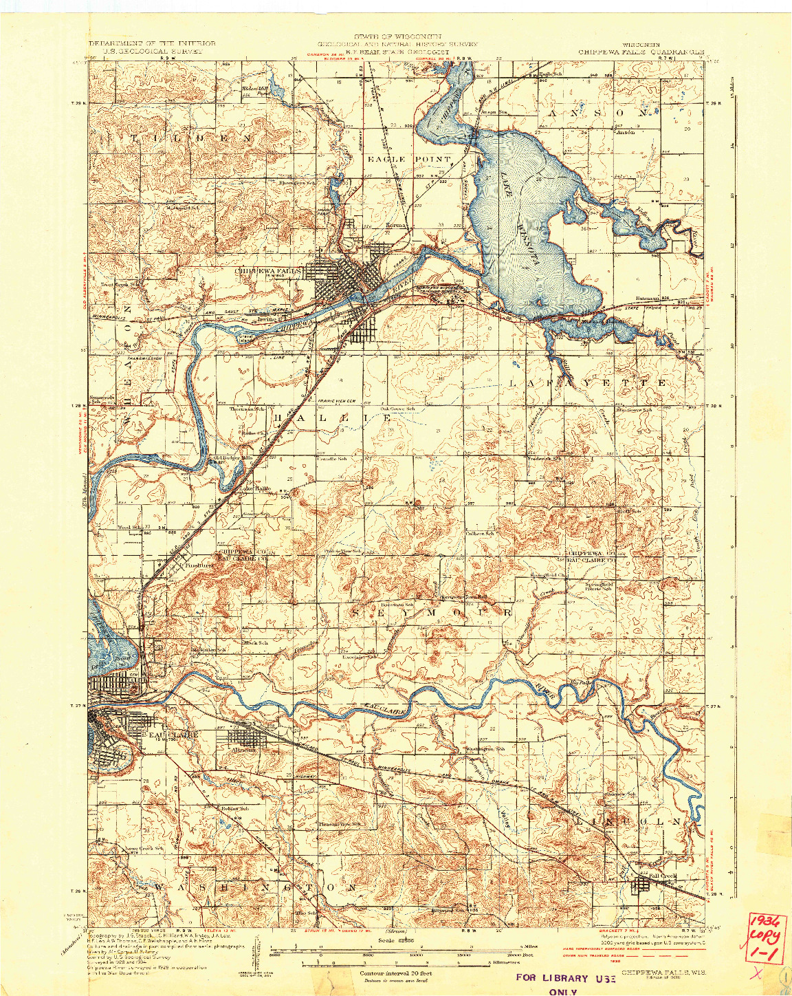 USGS 1:62500-SCALE QUADRANGLE FOR CHIPPEWA FALLS, WI 1936