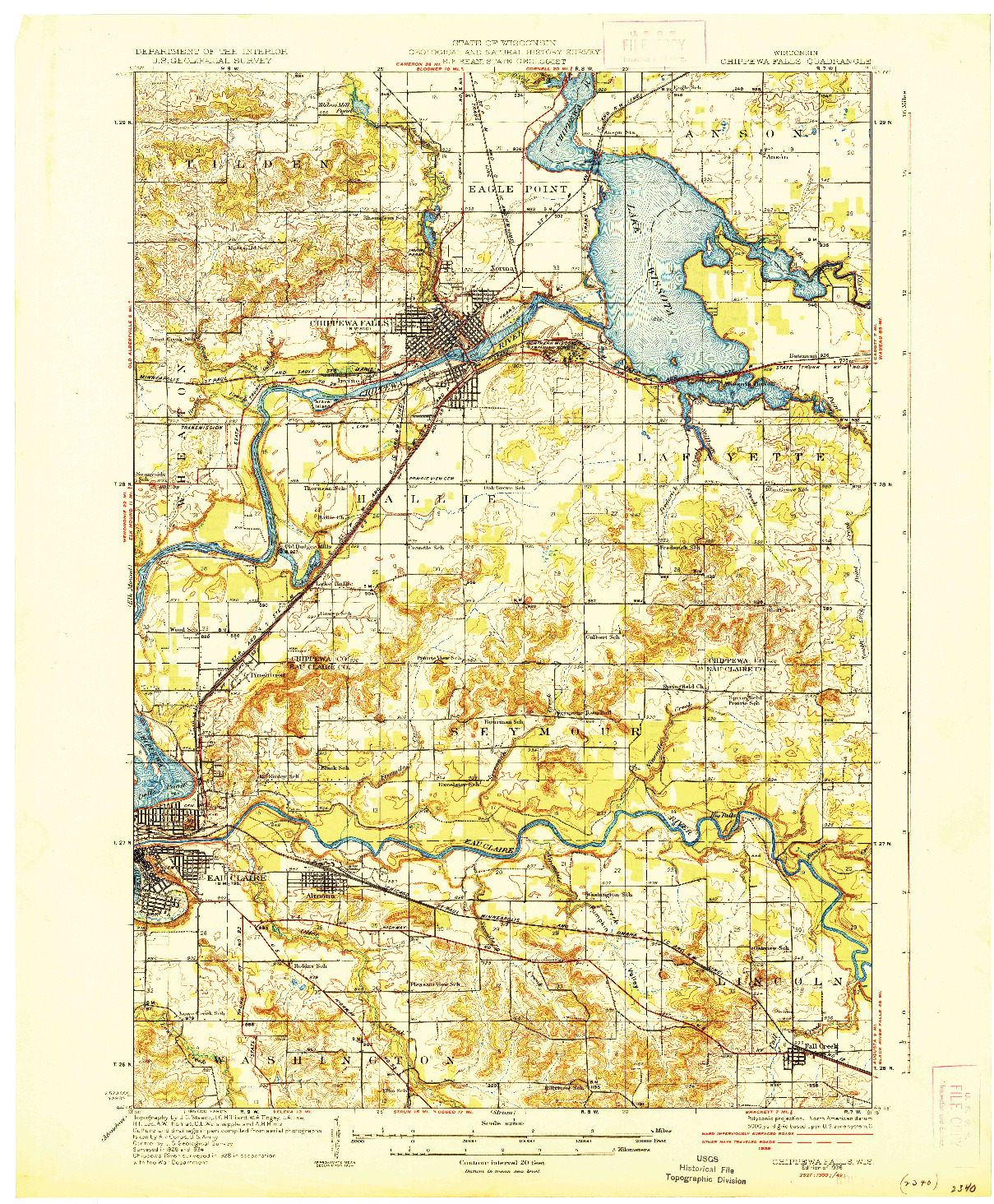 USGS 1:62500-SCALE QUADRANGLE FOR CHIPPEWA FALLS, WI 1936