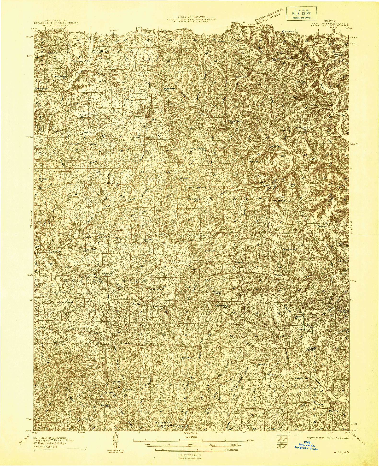 USGS 1:48000-SCALE QUADRANGLE FOR AVA, MO 1936