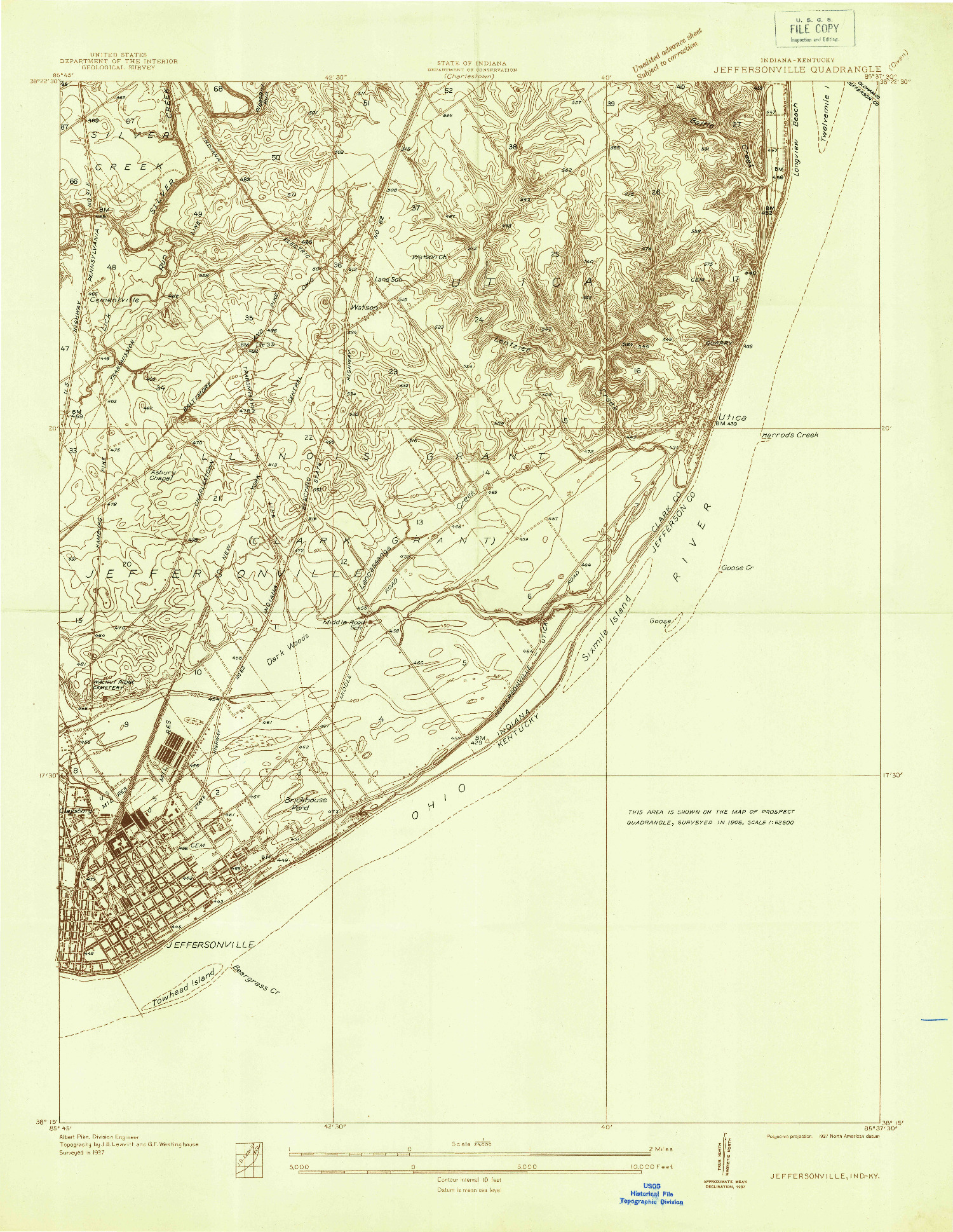 USGS 1:24000-SCALE QUADRANGLE FOR JEFFERSONVILLE, IN 1937
