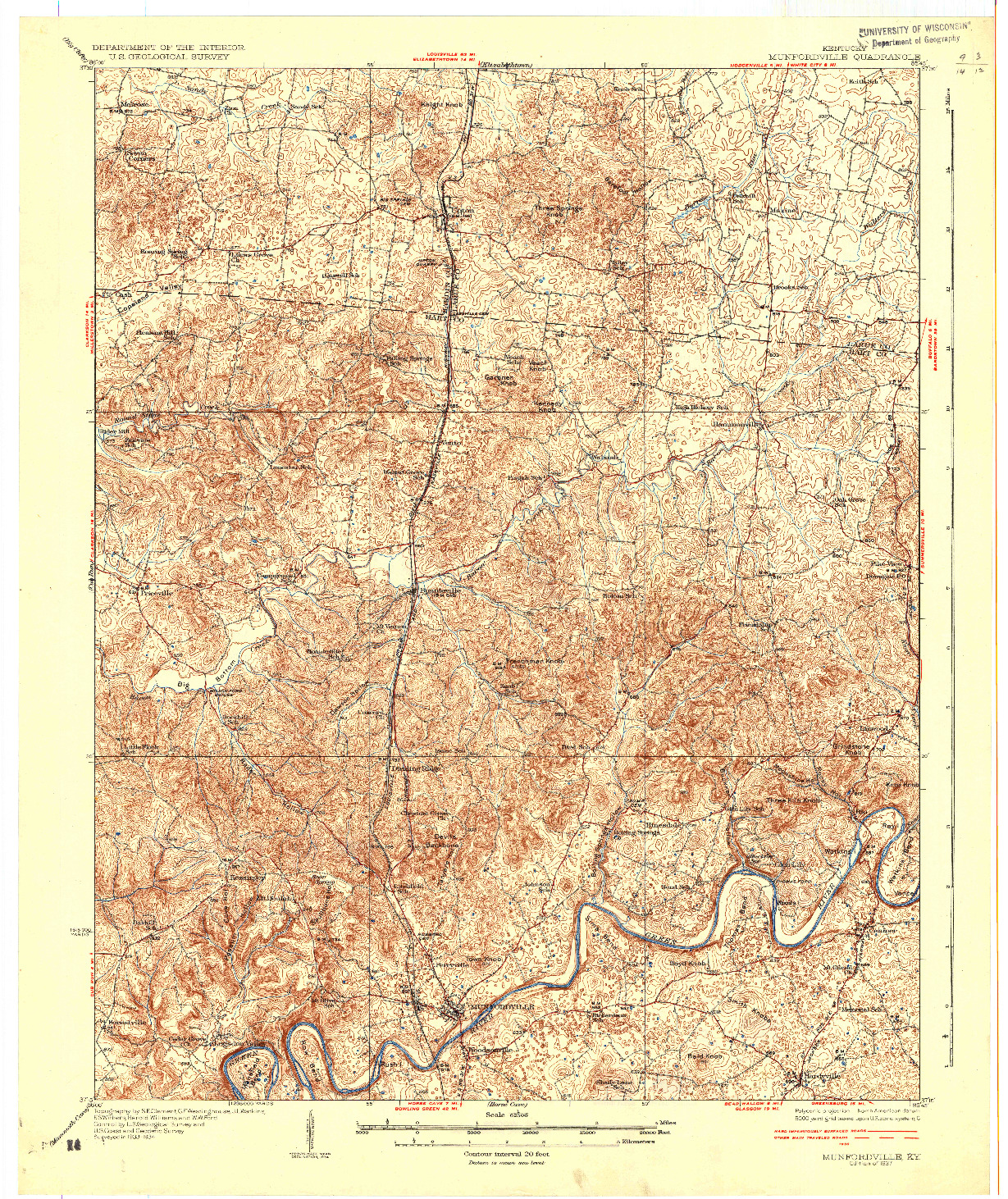 USGS 1:62500-SCALE QUADRANGLE FOR MUNFORDVILLE, KY 1937