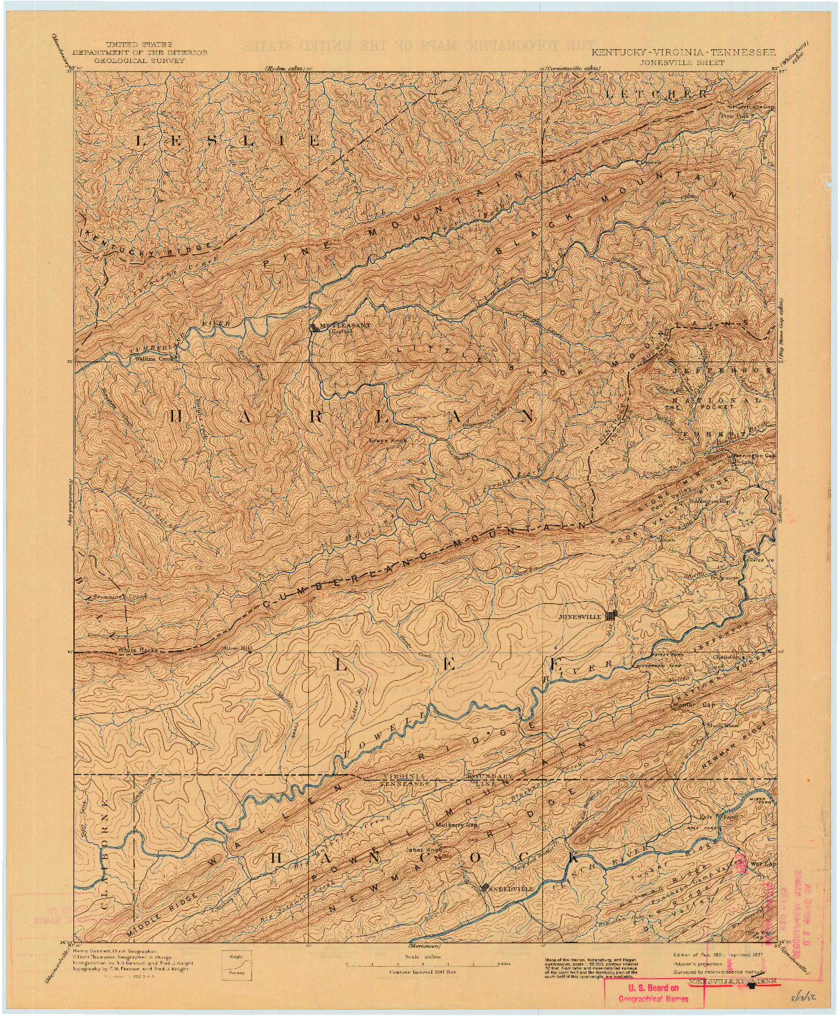 USGS 1:125000-SCALE QUADRANGLE FOR JONESVILLE, KY 1891