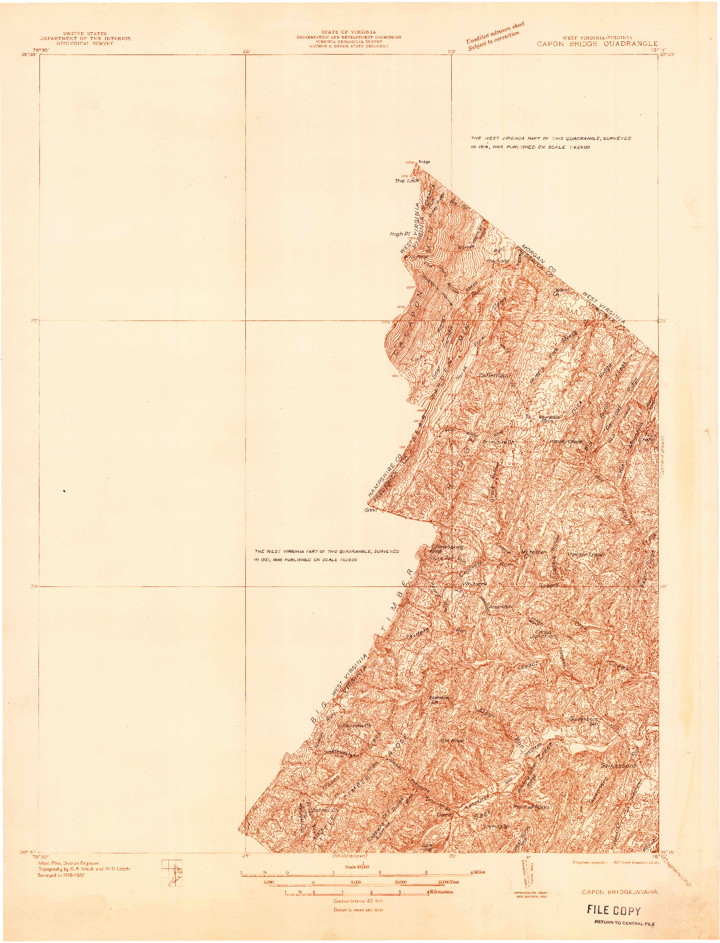 USGS 1:48000-SCALE QUADRANGLE FOR CAPON BRIDGE, VA 1937