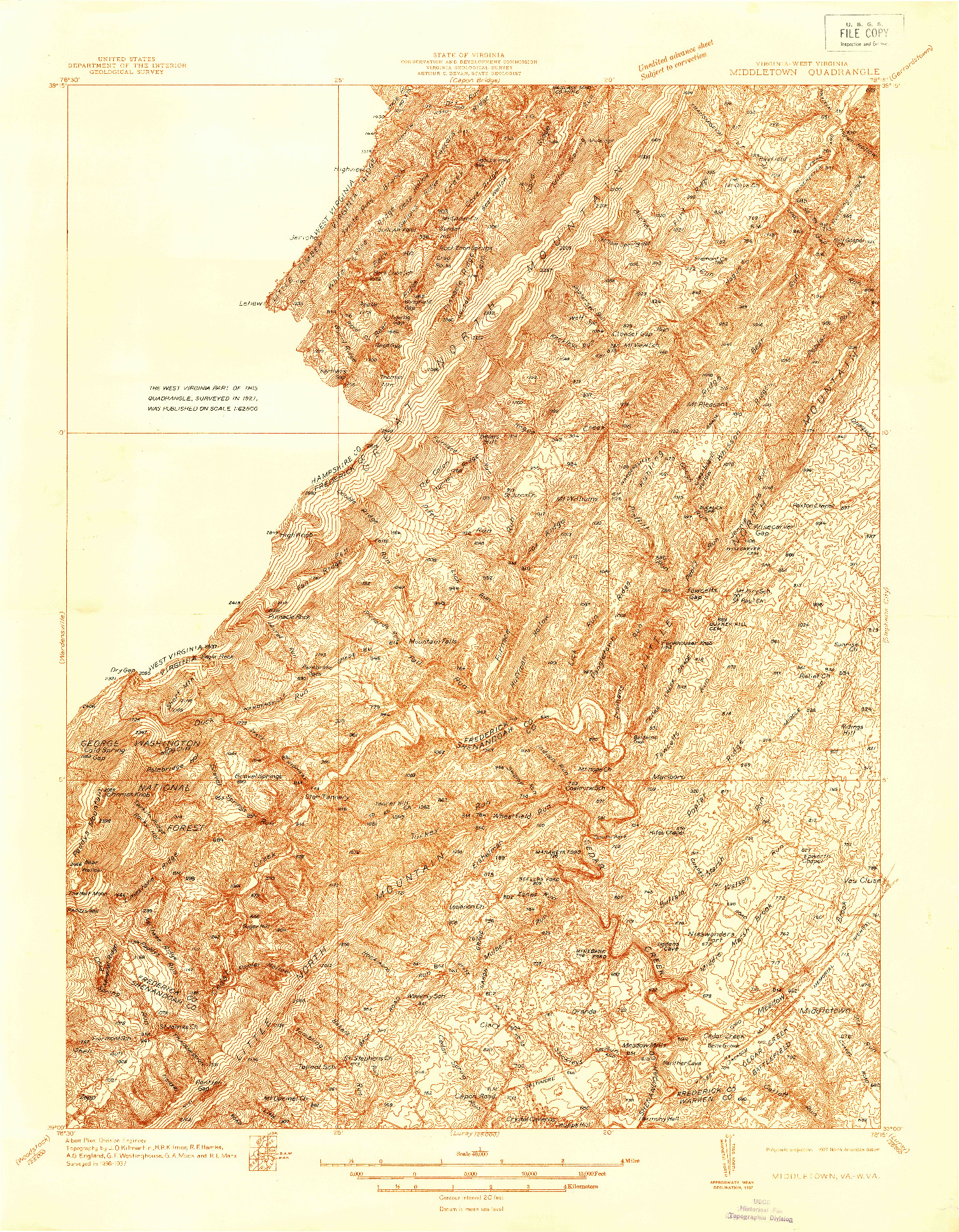 USGS 1:48000-SCALE QUADRANGLE FOR MIDDLETOWN, VA 1937