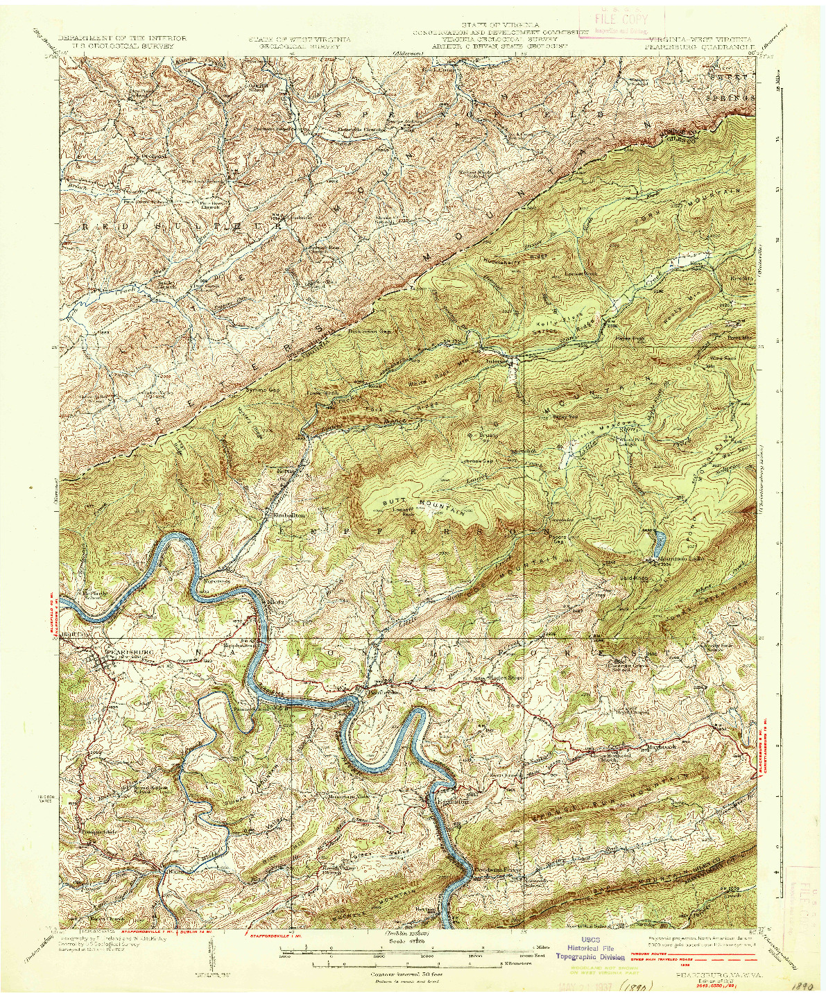 USGS 1:62500-SCALE QUADRANGLE FOR PEARISBURG, VA 1937