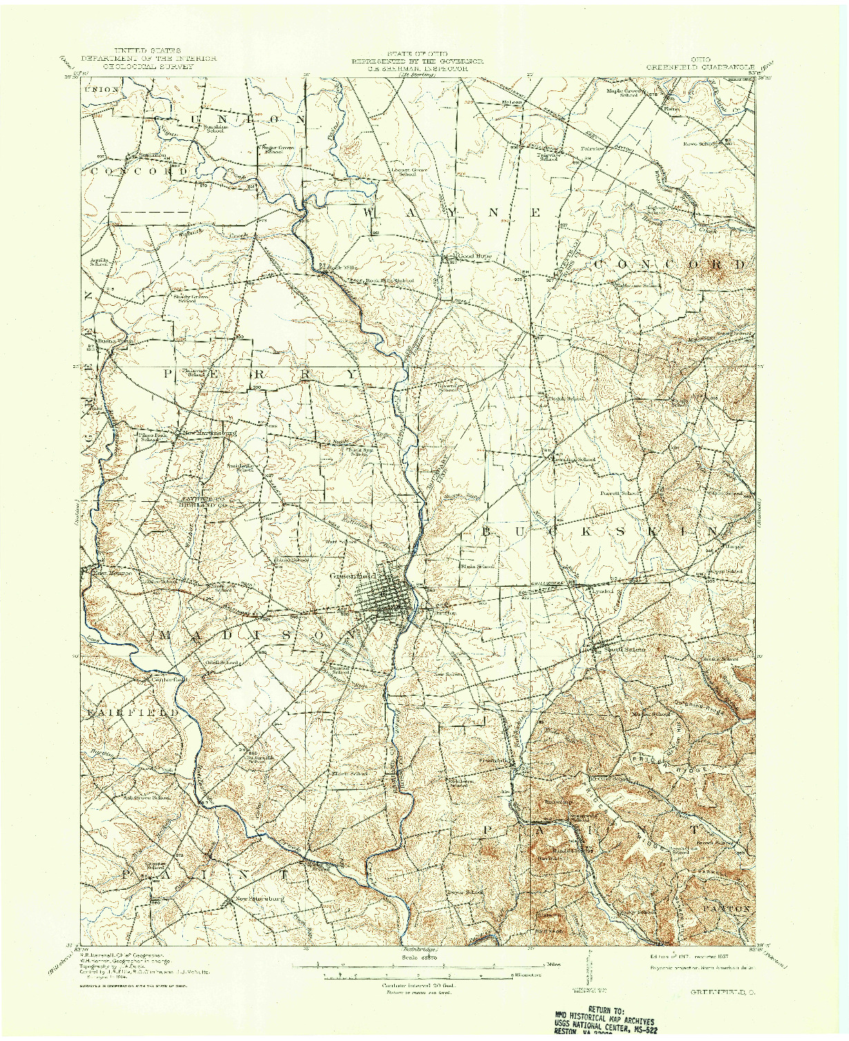 USGS 1:62500-SCALE QUADRANGLE FOR GREENFIELD, OH 1917