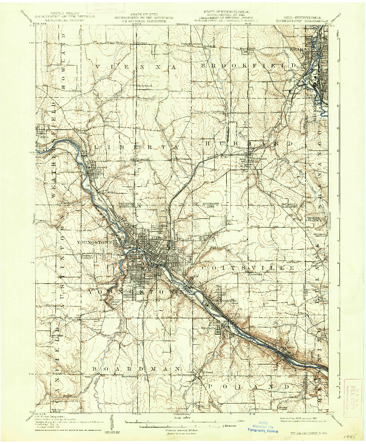 USGS 1:62500-SCALE QUADRANGLE FOR YOUNGSTOWN, OH 1908