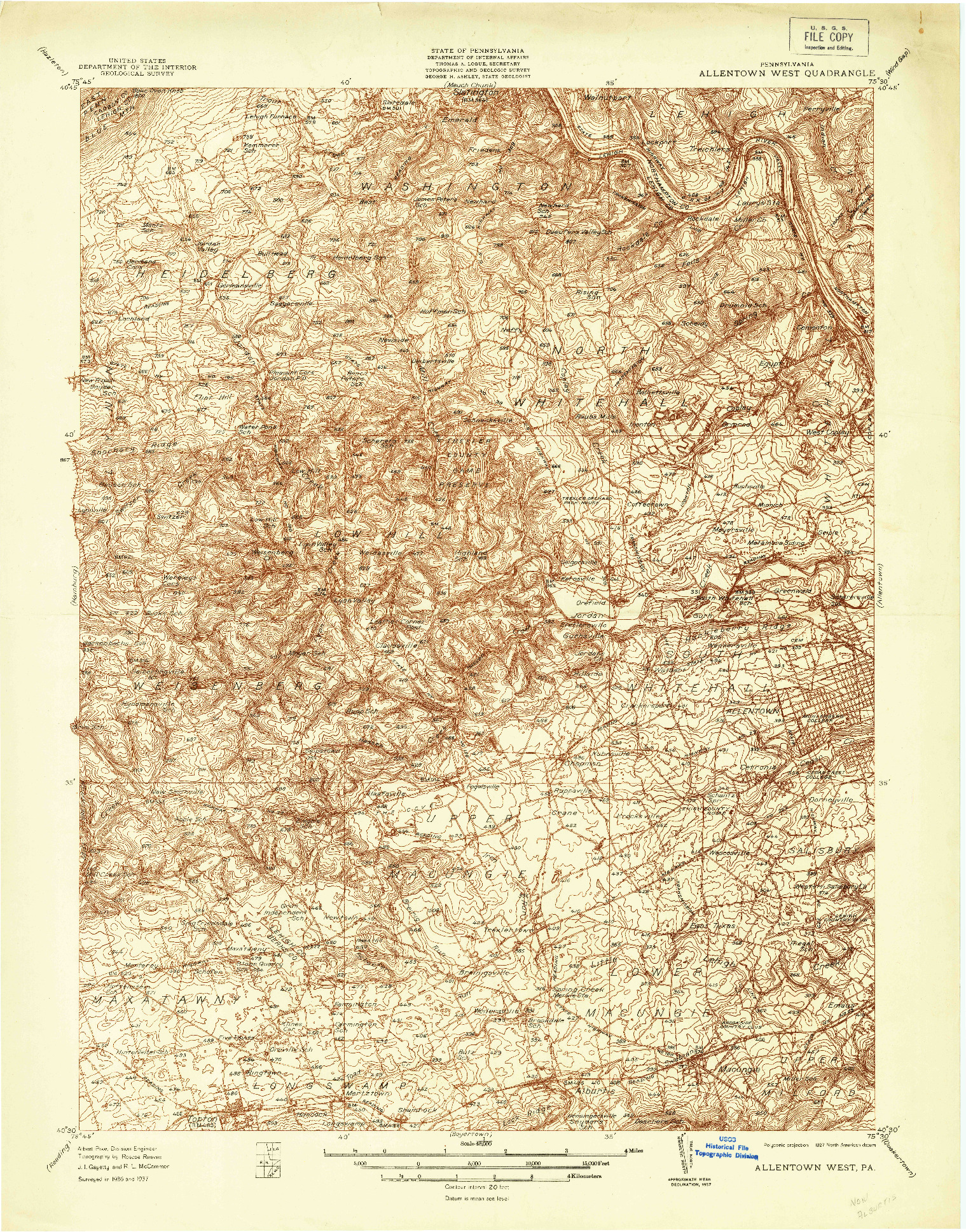 USGS 1:48000-SCALE QUADRANGLE FOR ALLENTOWN WEST, PA 1937