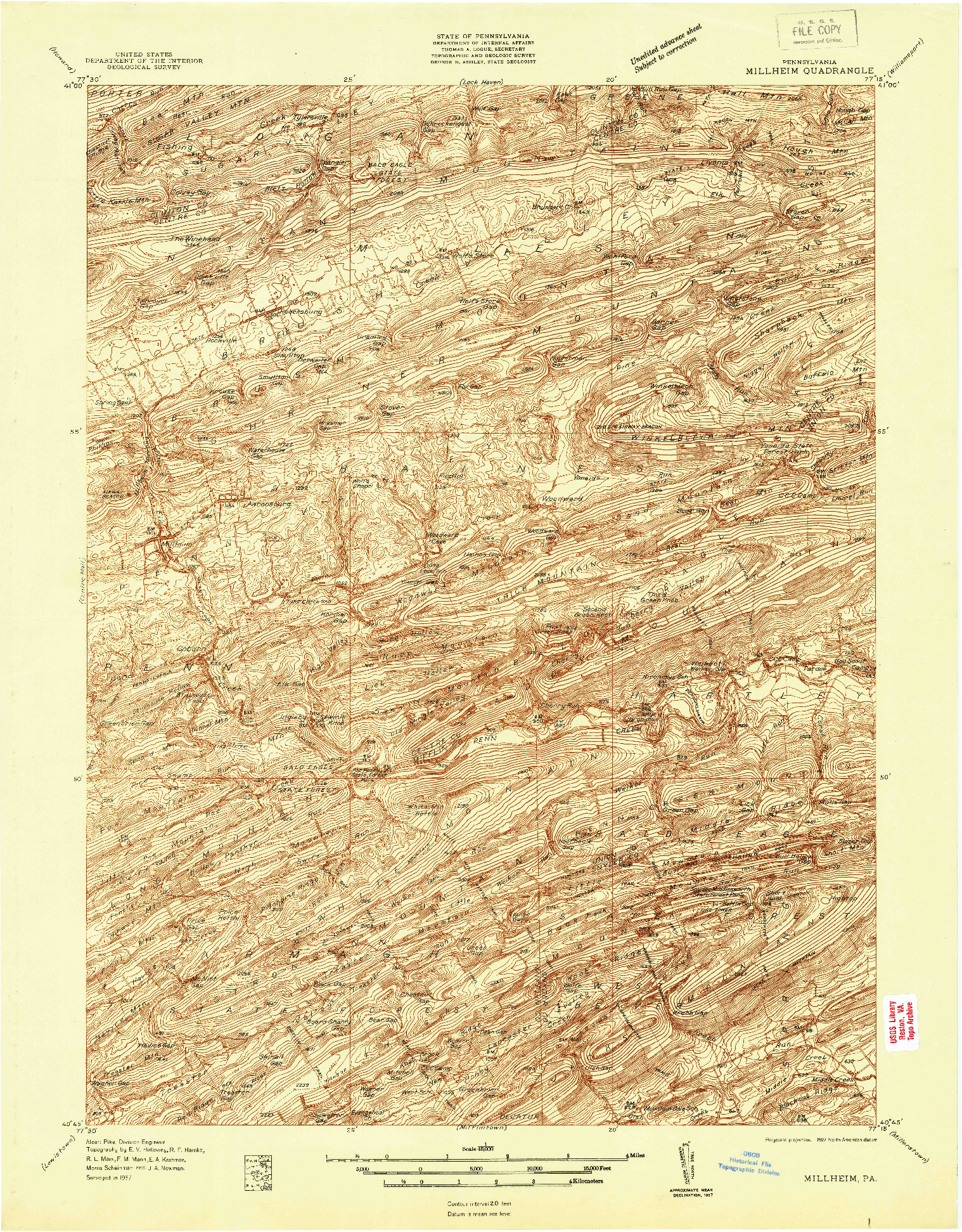 USGS 1:48000-SCALE QUADRANGLE FOR MILLHEIM, PA 1937