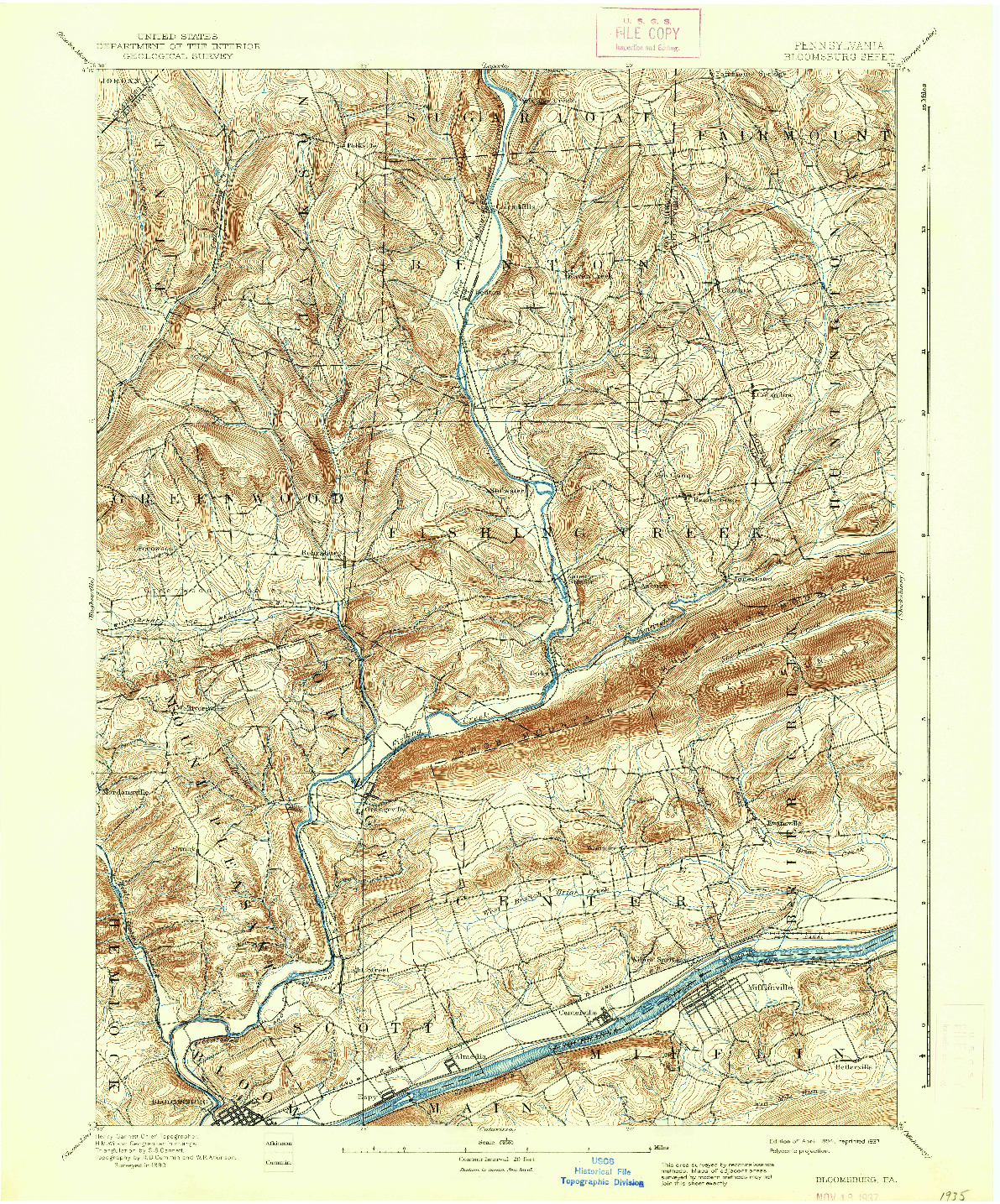 USGS 1:62500-SCALE QUADRANGLE FOR BLOOMSBURG, PA 1894