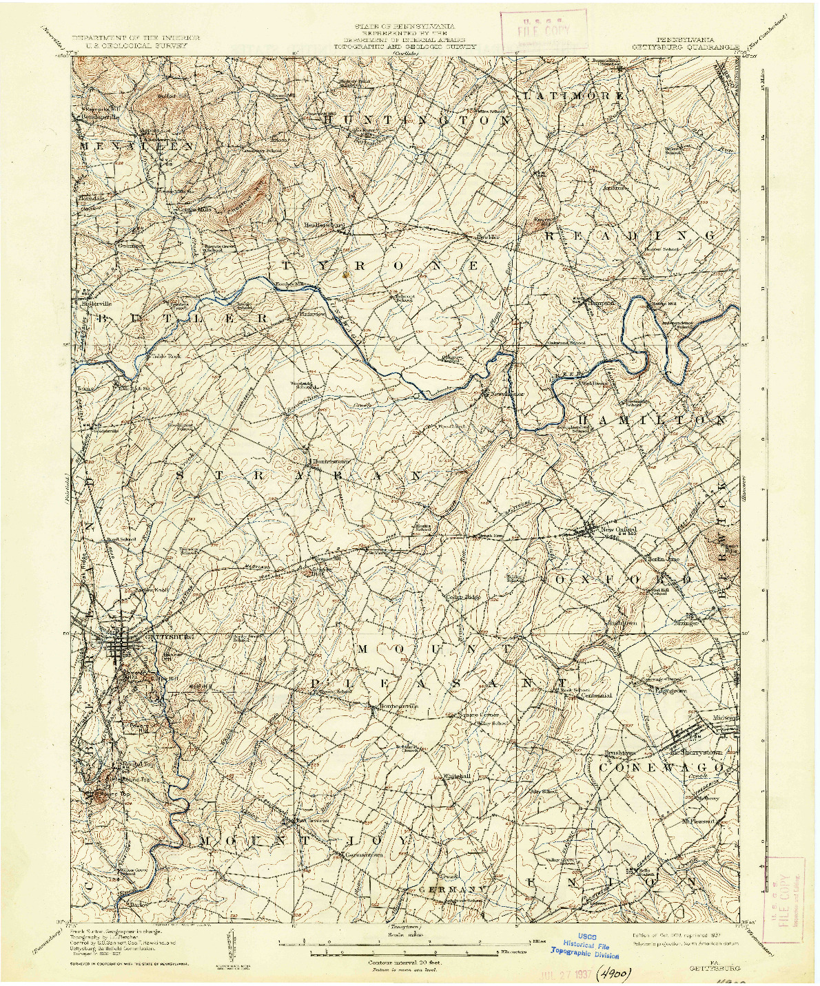 USGS 1:62500-SCALE QUADRANGLE FOR GETTYSBURG, PA 1908