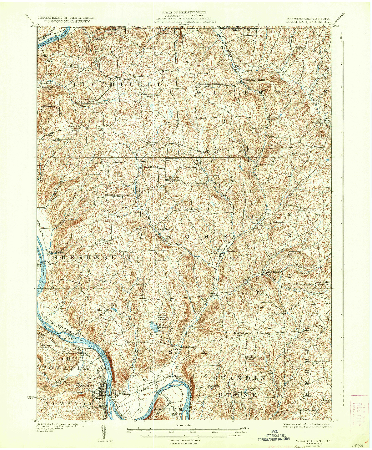 USGS 1:62500-SCALE QUADRANGLE FOR TOWANDA, PA 1926