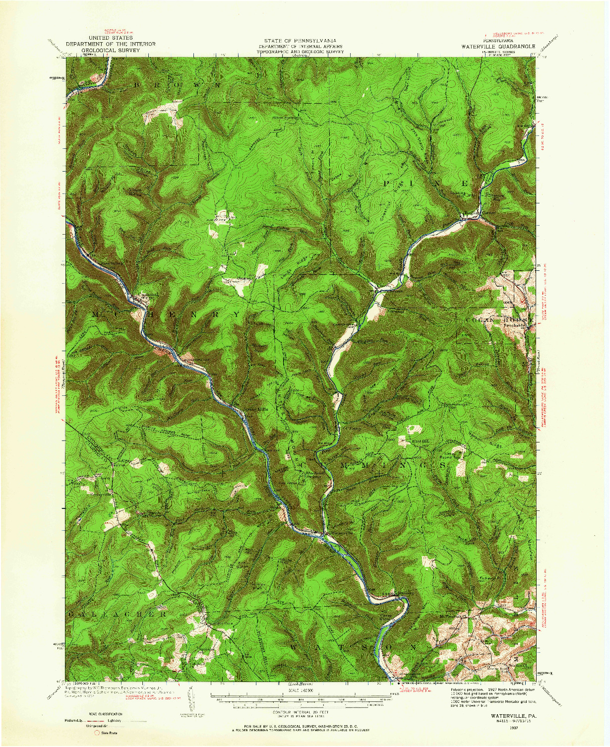 USGS 1:62500-SCALE QUADRANGLE FOR WATERVILLE, PA 1937