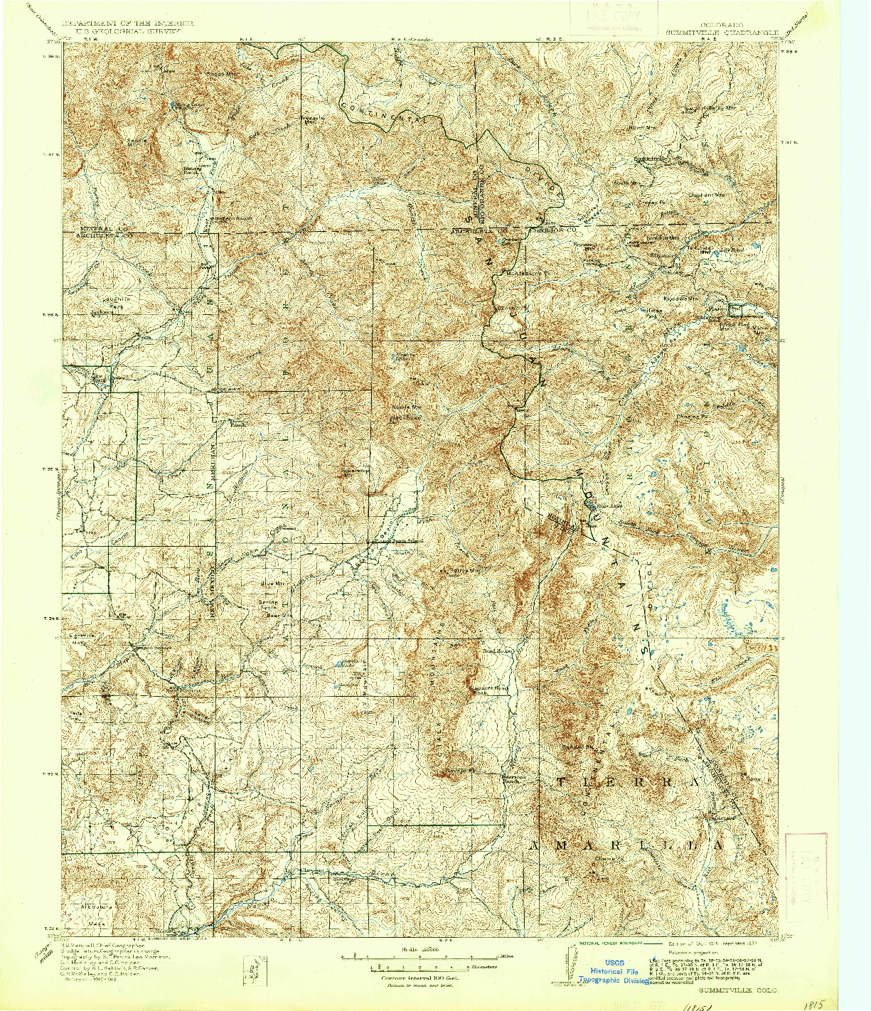 USGS 1:125000-SCALE QUADRANGLE FOR SUMMITVILLE, CO 1915