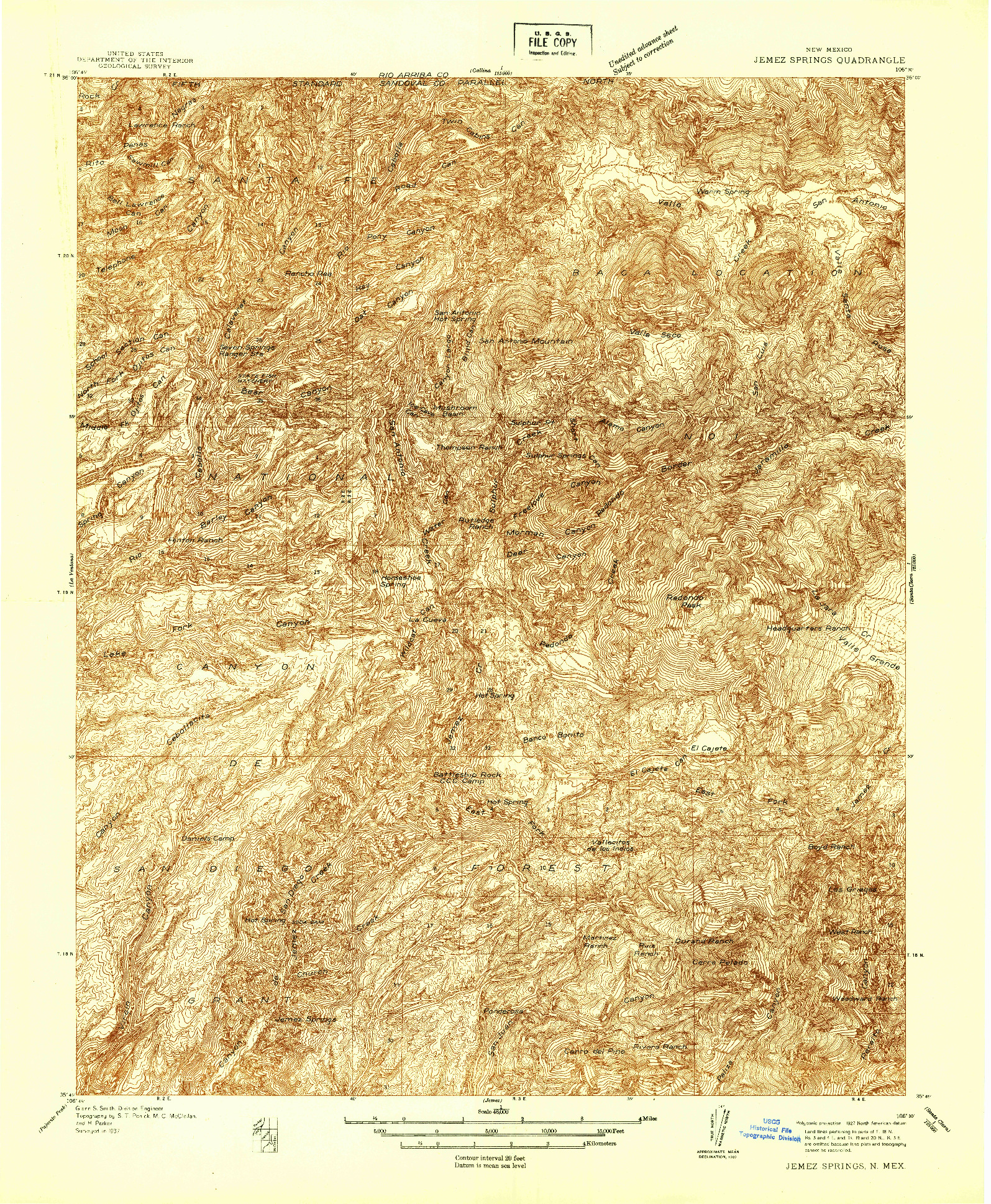 USGS 1:48000-SCALE QUADRANGLE FOR JEMEZ SPRINGS, NM 1937