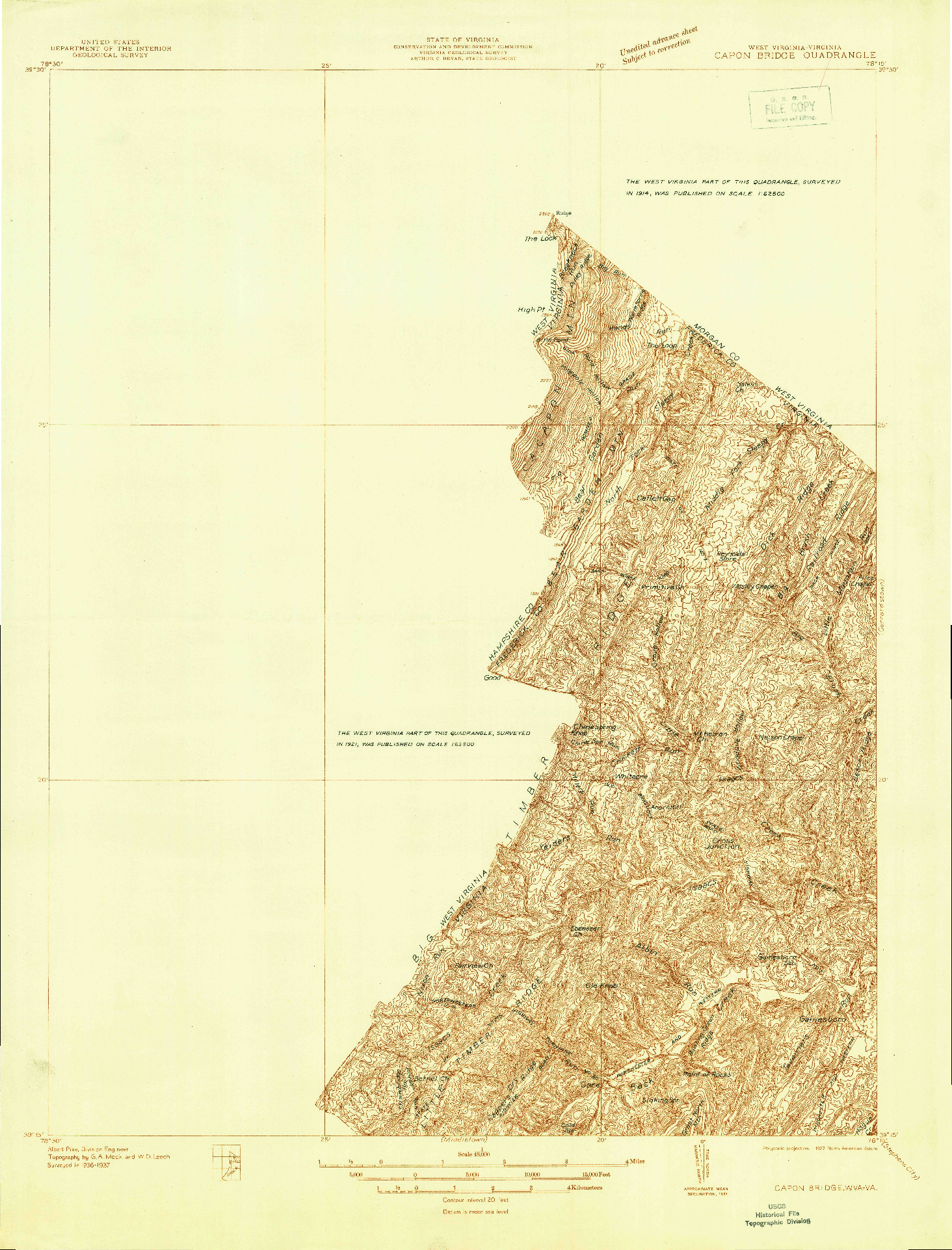 USGS 1:48000-SCALE QUADRANGLE FOR CAPON BRIDGE, WV 1937