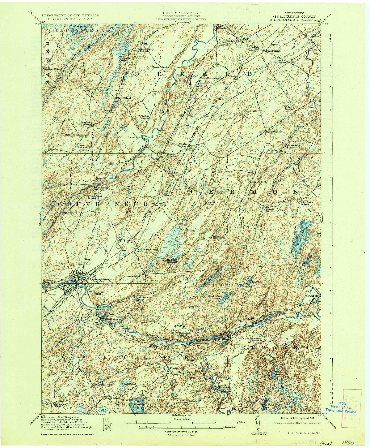 USGS 1:62500-SCALE QUADRANGLE FOR GOUVERNEUR, NY 1937