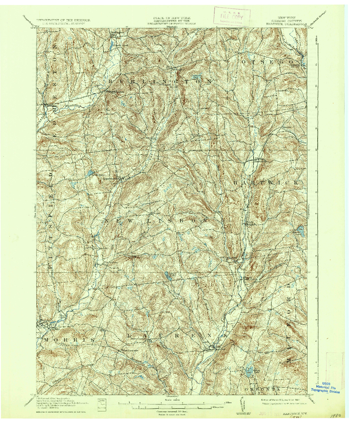 USGS 1:62500-SCALE QUADRANGLE FOR HARTWICK, NY 1912