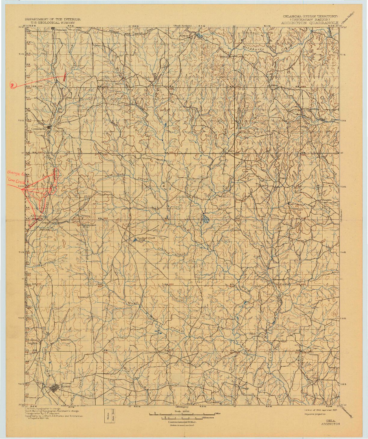 USGS 1:125000-SCALE QUADRANGLE FOR ADDINGTON, OK 1901
