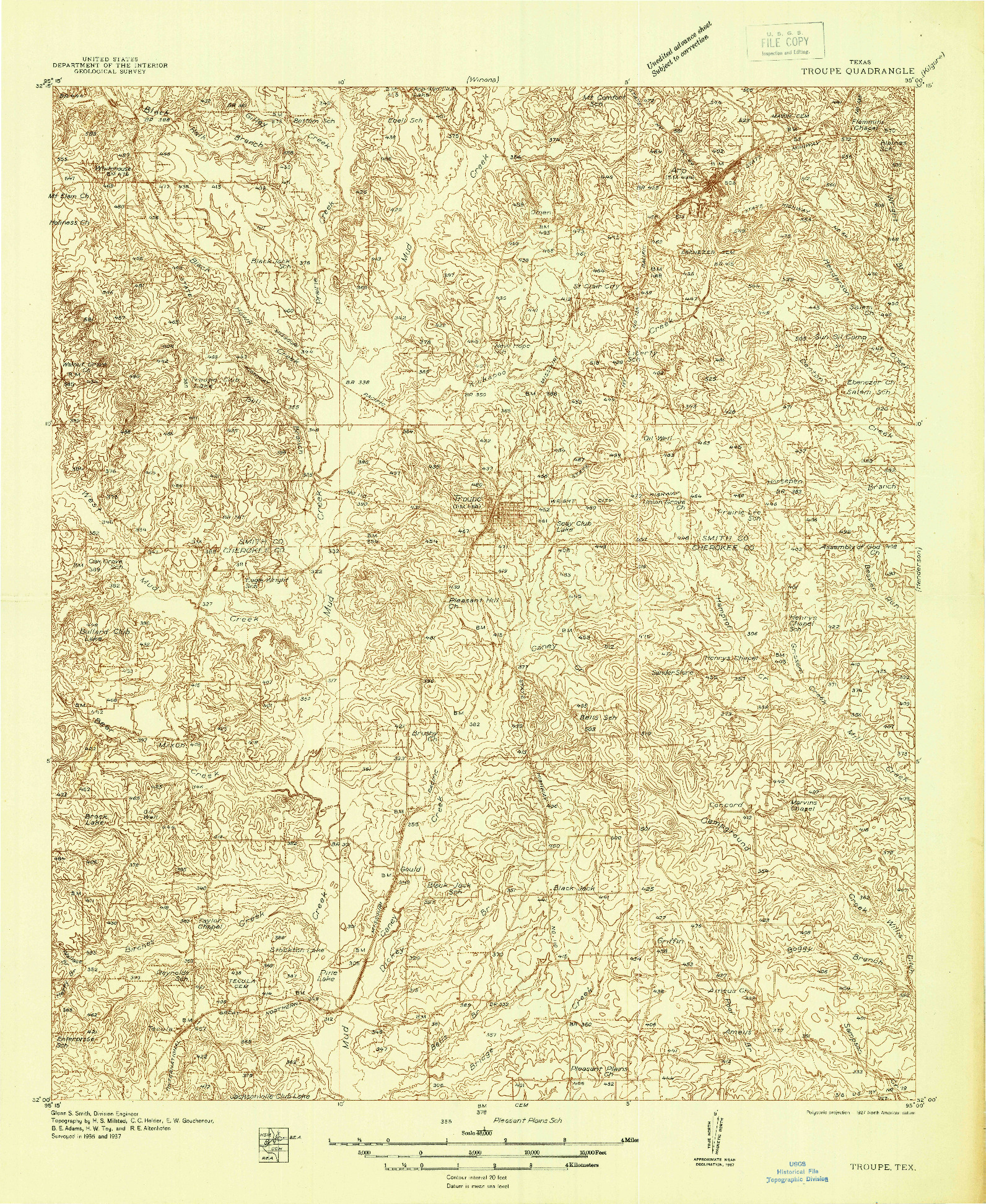 USGS 1:48000-SCALE QUADRANGLE FOR TROUPE, TX 1937