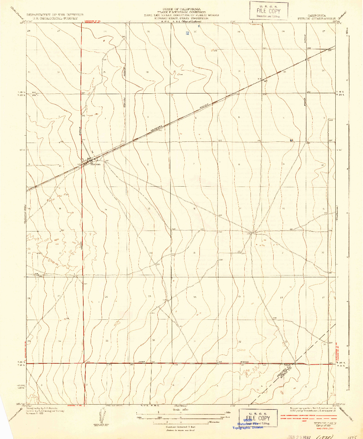 USGS 1:31680-SCALE QUADRANGLE FOR HURON, CA 1937