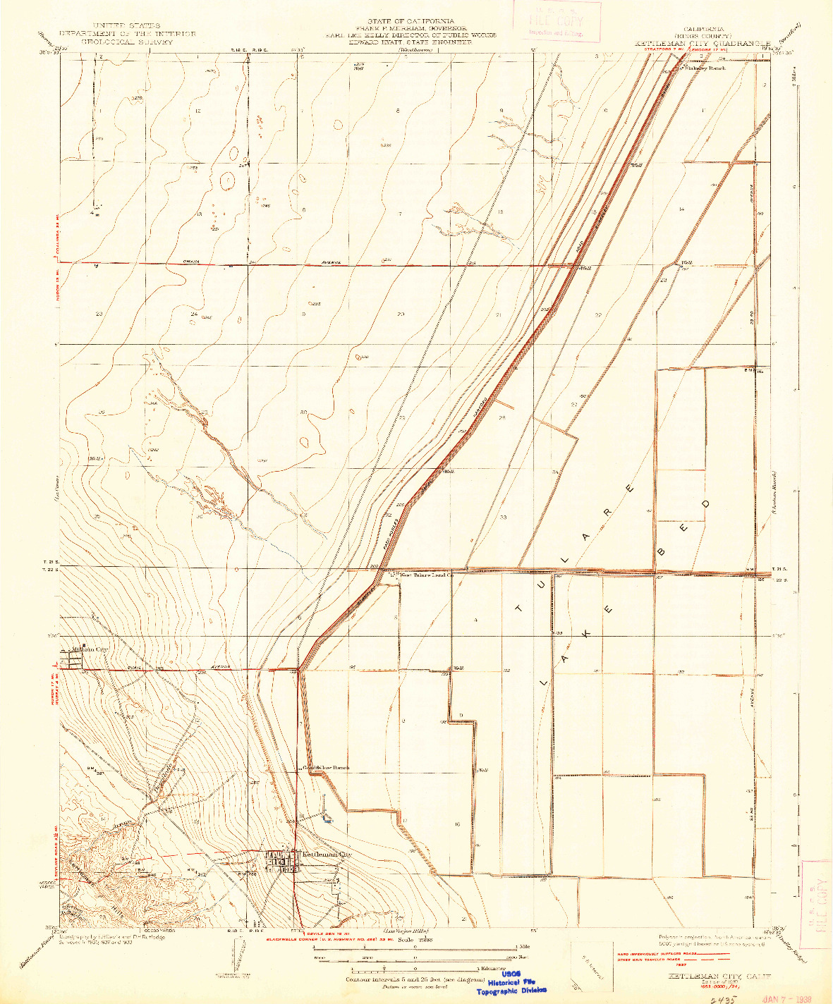 USGS 1:31680-SCALE QUADRANGLE FOR KETTLEMAN CITY, CA 1937