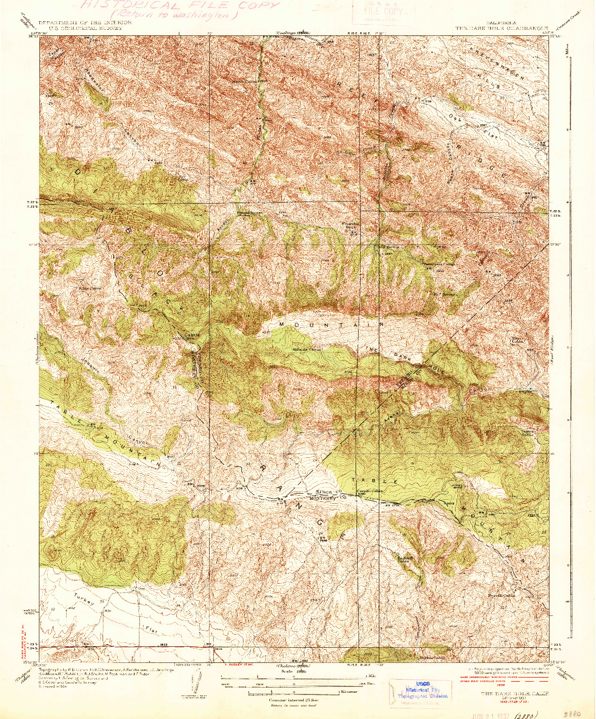 USGS 1:31680-SCALE QUADRANGLE FOR THE DARK HOLE, CA 1937