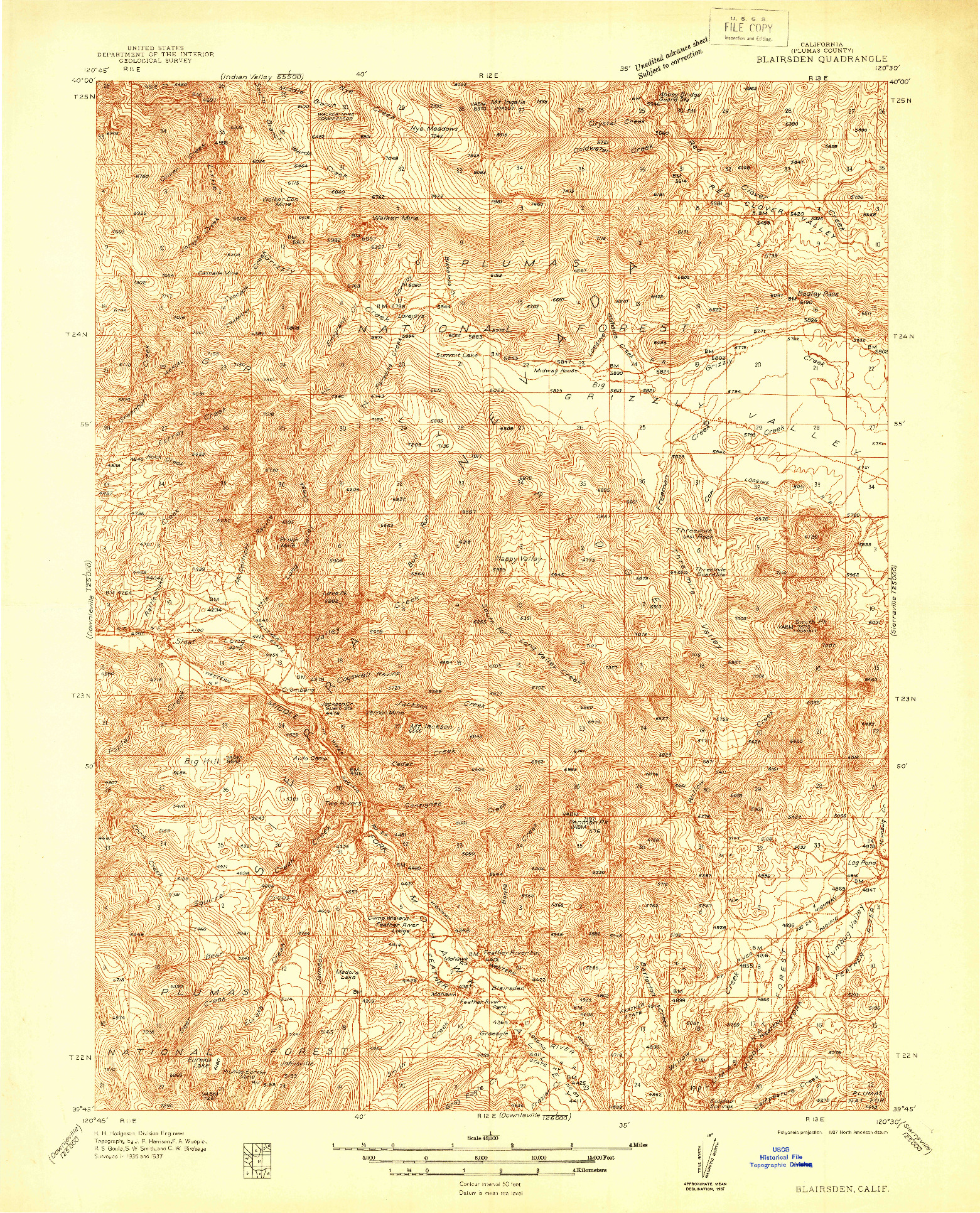 USGS 1:48000-SCALE QUADRANGLE FOR BLAIRSDEN, CA 1937